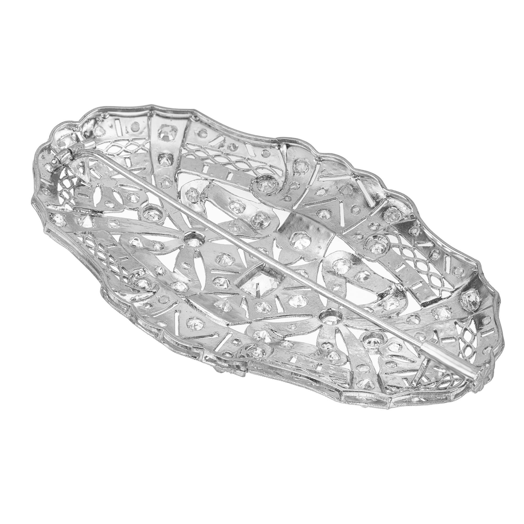 Old Mine Cut 2.85 Carat Art Deco Diamond Platinum Oval Filigree Brooch For Sale