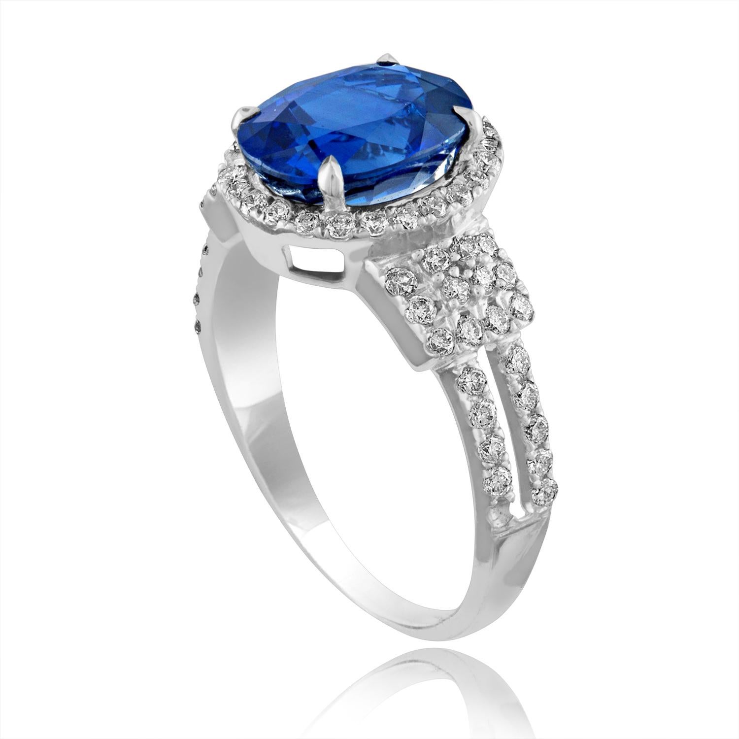 Classic Sapphire Halo Ring
The ring is 18K White Gold Ring
The center stone is Blue Sapphire 2.85 Carats
There are 0.53 ct of Diamonds F/G VS/SI
Ring size 5.50, sizable.
The ring weighs 3.1 grams
