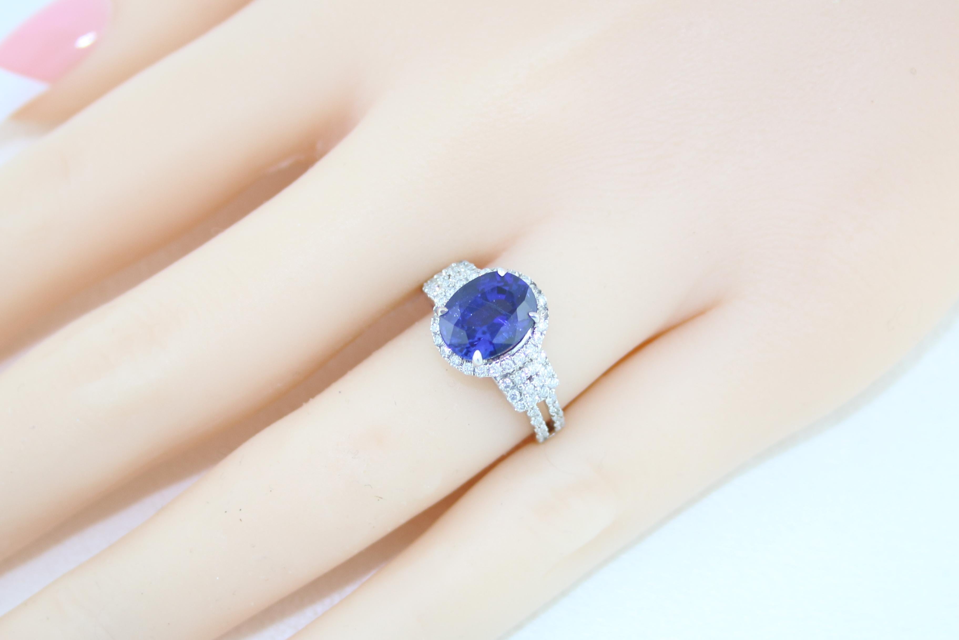 2.85 Carat Blue Sapphire Diamond Gold Halo Ring 1
