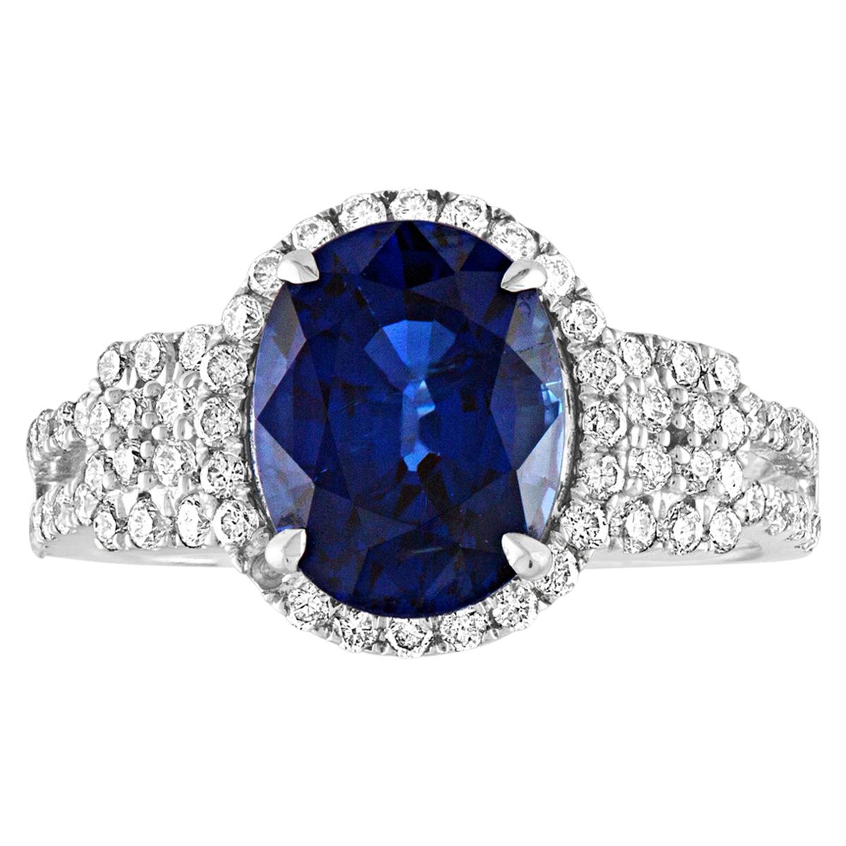 2.85 Carat Blue Sapphire Diamond Gold Halo Ring
