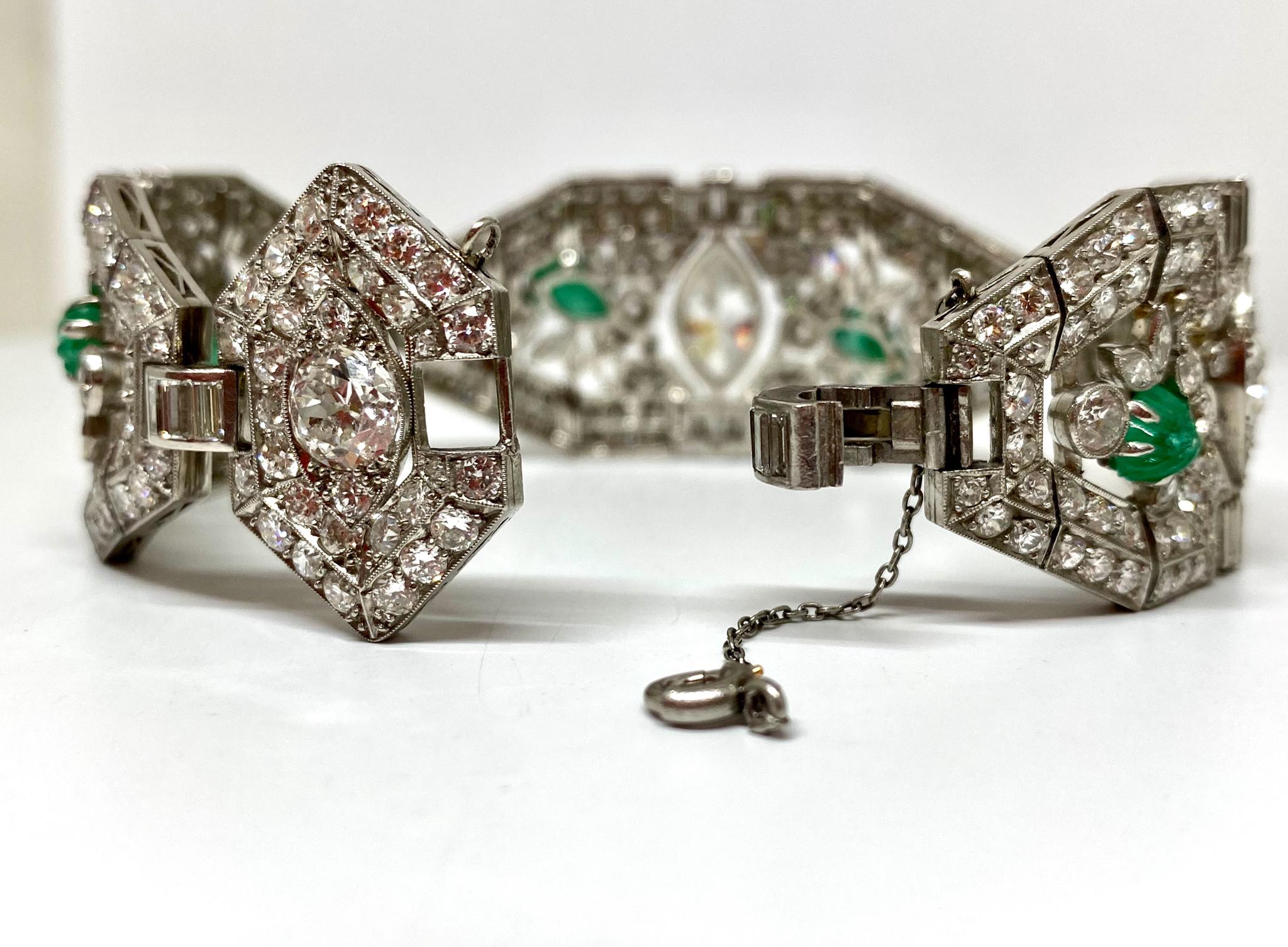 Marquise Cut 28.5 Carat Diamond and Emerald Antique Estate Bracelet For Sale