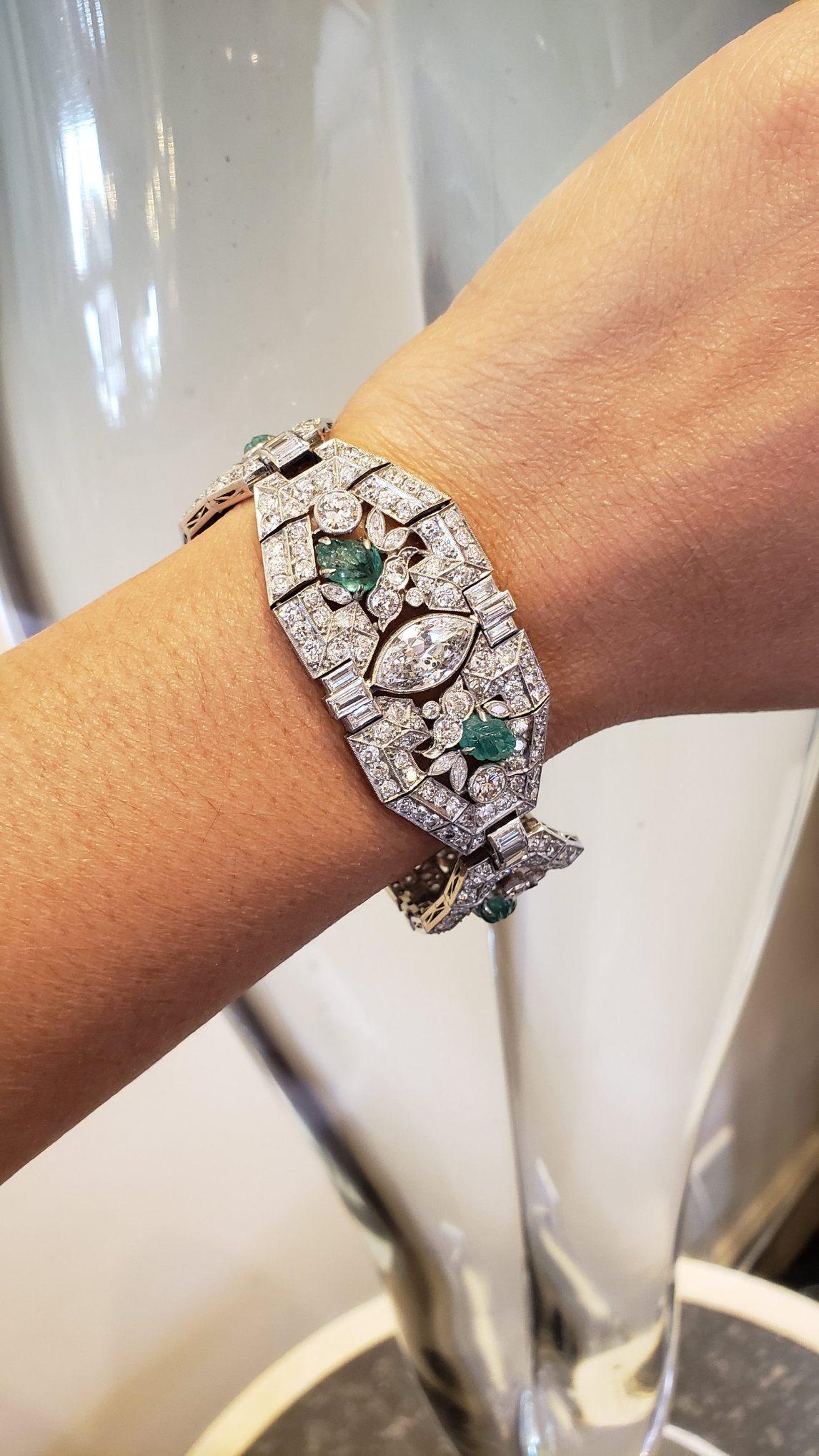 Women's 28.5 Carat Diamond and Emerald Antique Estate Bracelet For Sale
