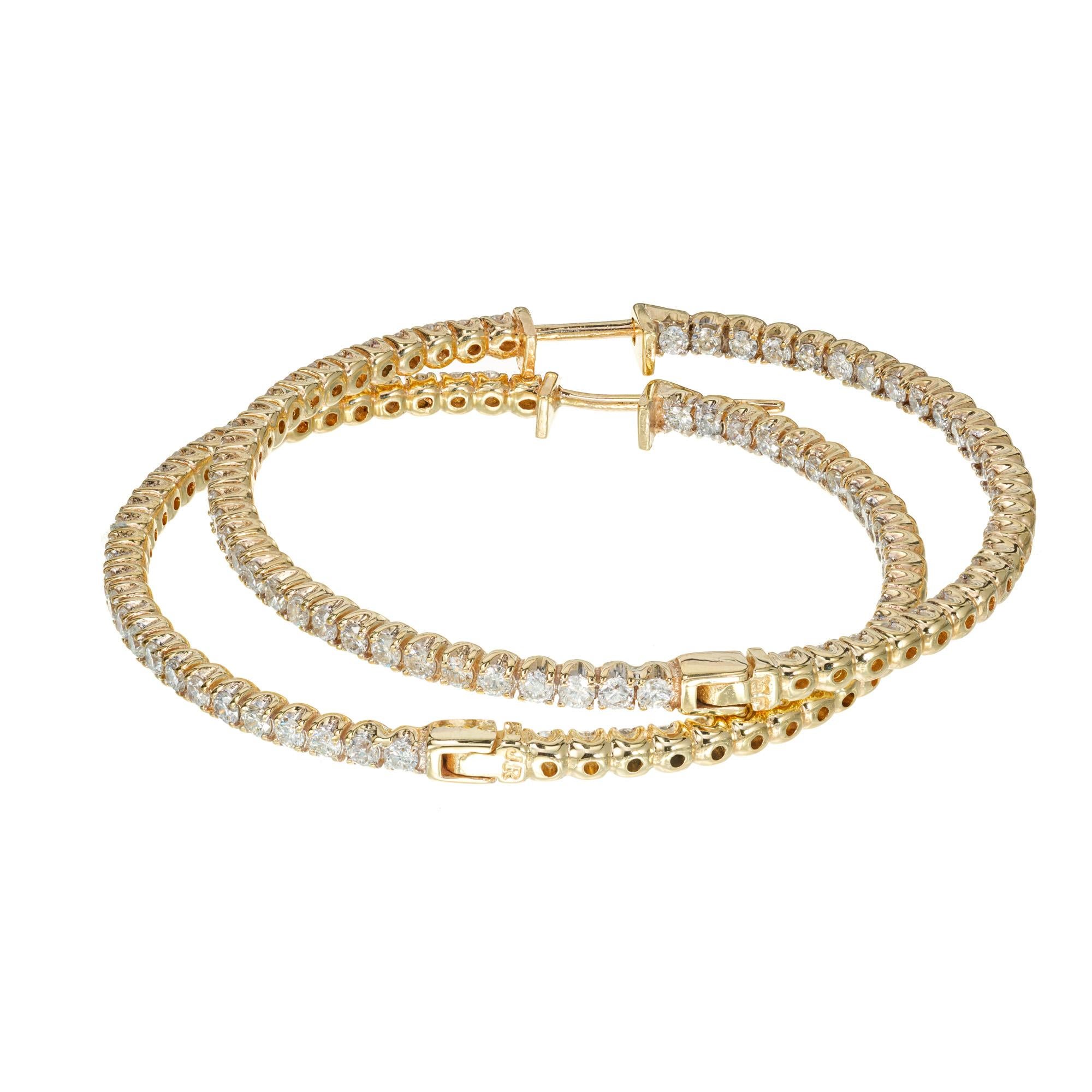 Round Cut 2.85 Carat Diamond Yellow Gold Hoop Earrings  For Sale