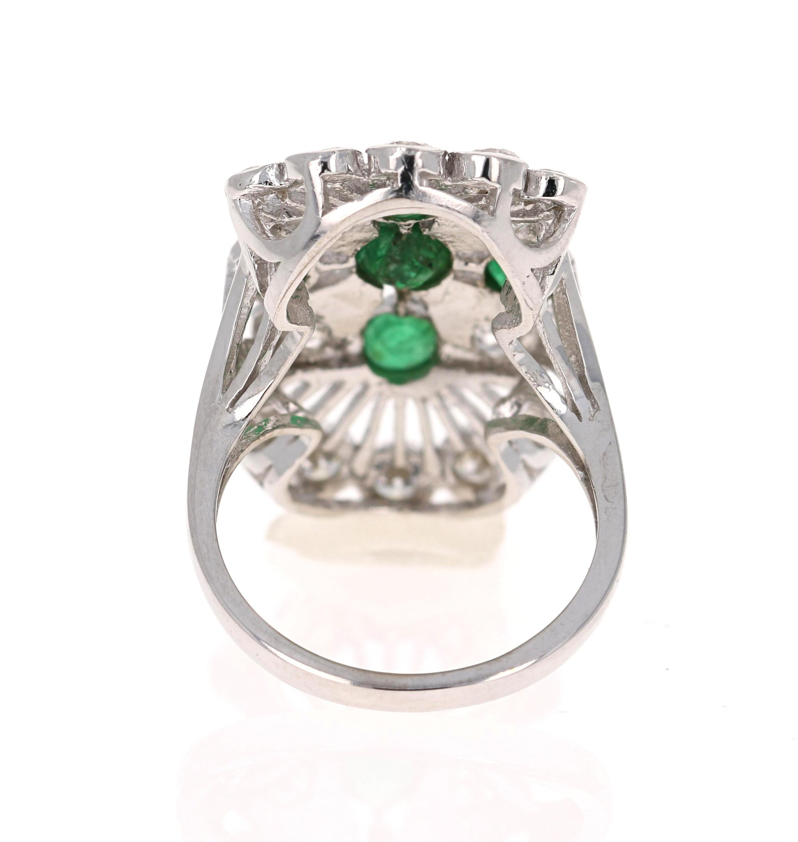 Round Cut 2.85 Carat Emerald and Diamond 14 Karat White Gold Cocktail Ring For Sale