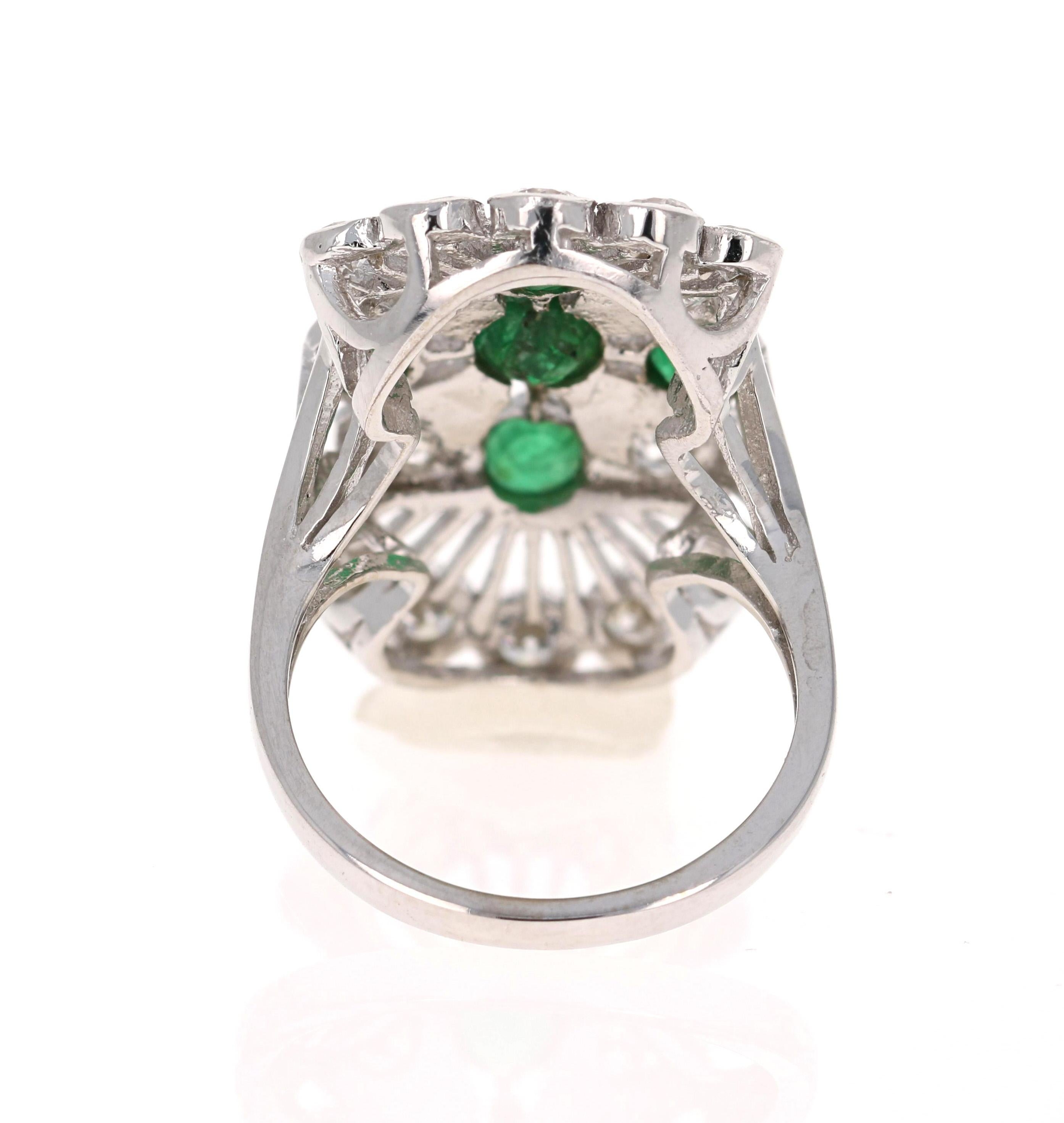 Round Cut 2.85 Carat Emerald Diamond White Gold Cocktail Ring For Sale