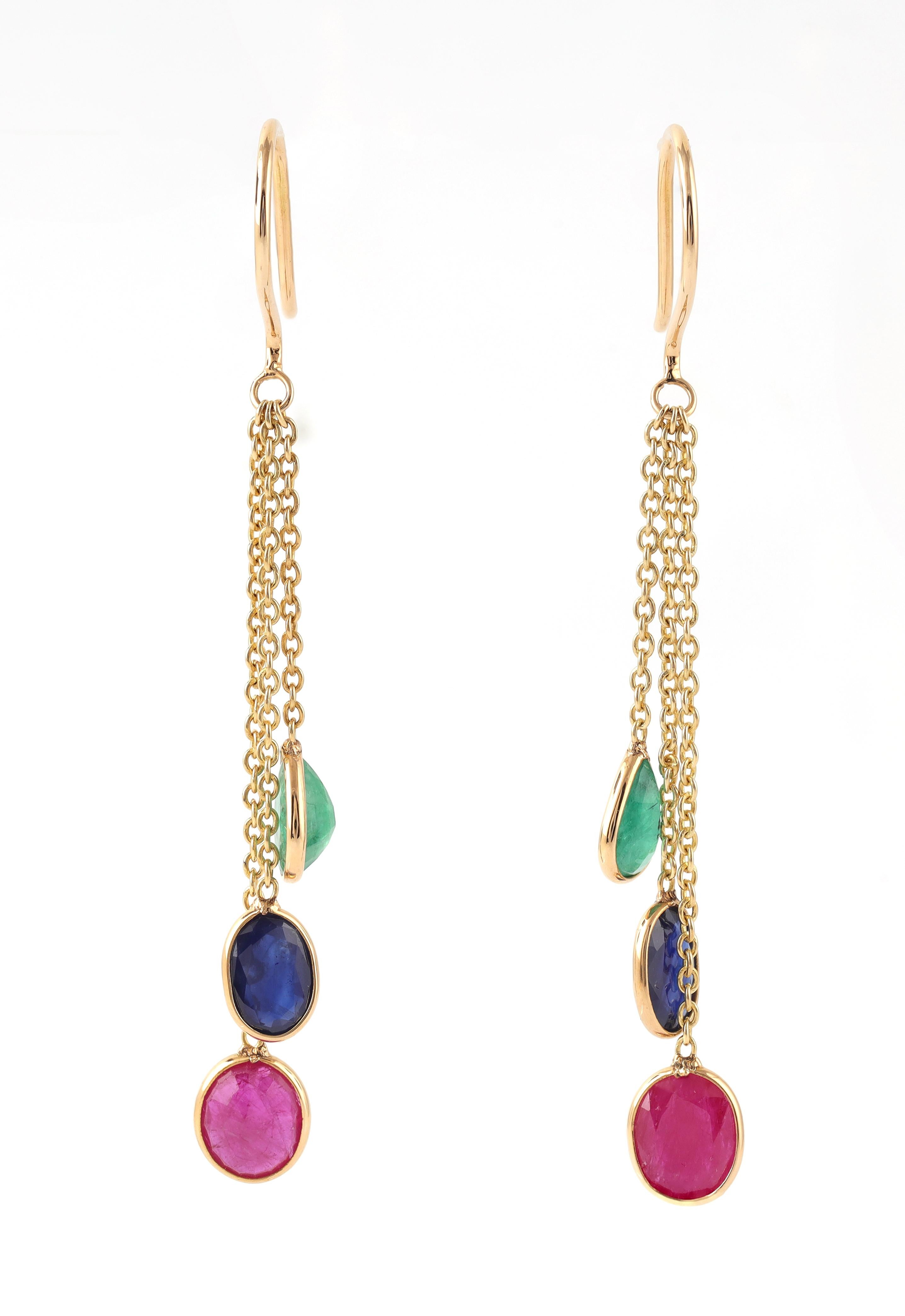Cast in 18 karat gold, these earrings are hand set with 2.85 Carat Emerald Ruby & Sapphire . Available in 18k Gold.
Composition
Emerald Ruby Sapphire : 2.85 Carat
Gold : 1.21 gms


