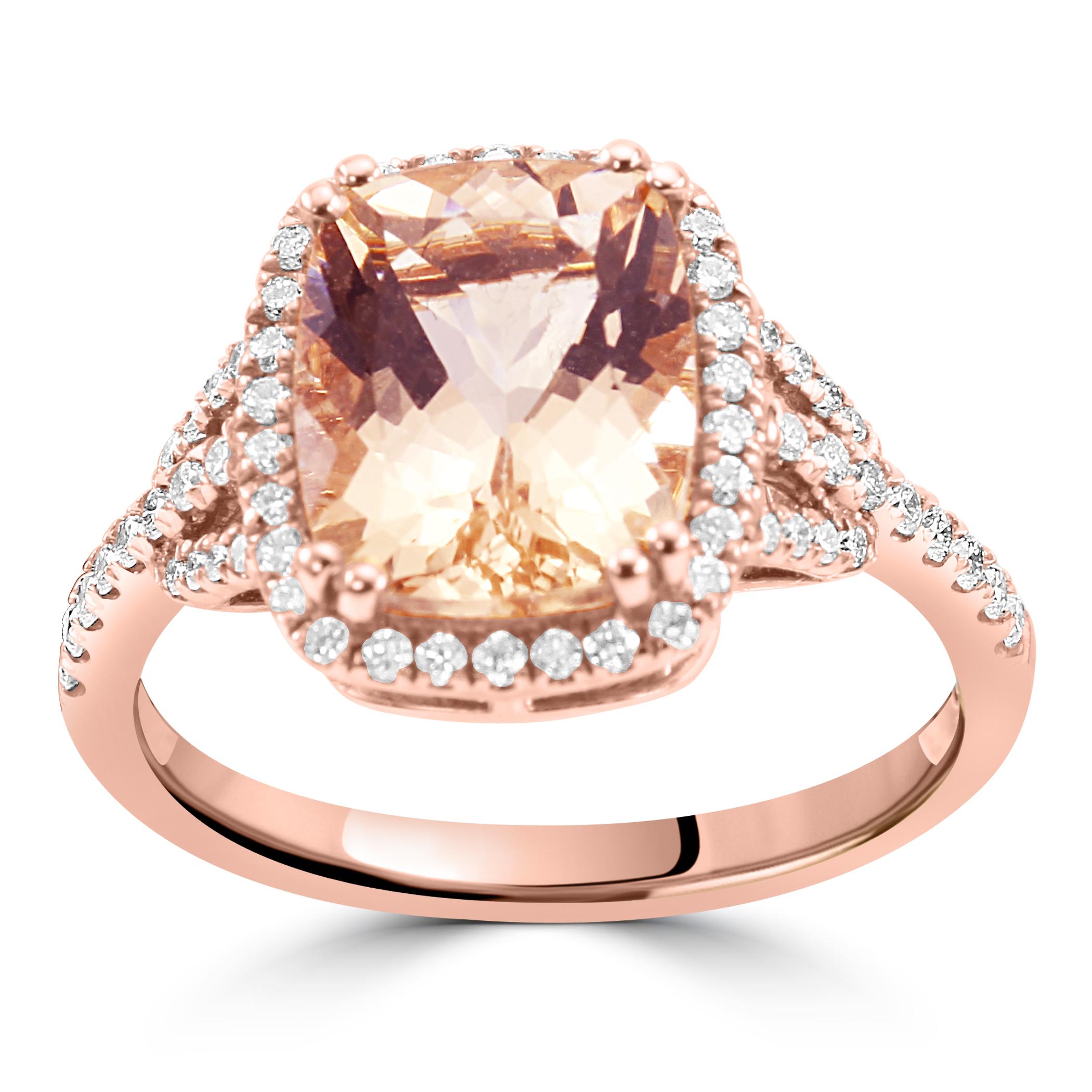 The centerpiece of this enchanting ring is the Morganite, selected for its exquisite peachy-pink hue and size. Morganite is the known as the stone for love and tenderness, weighing 2.85 carats, this Morganite captures the essence of a romantic