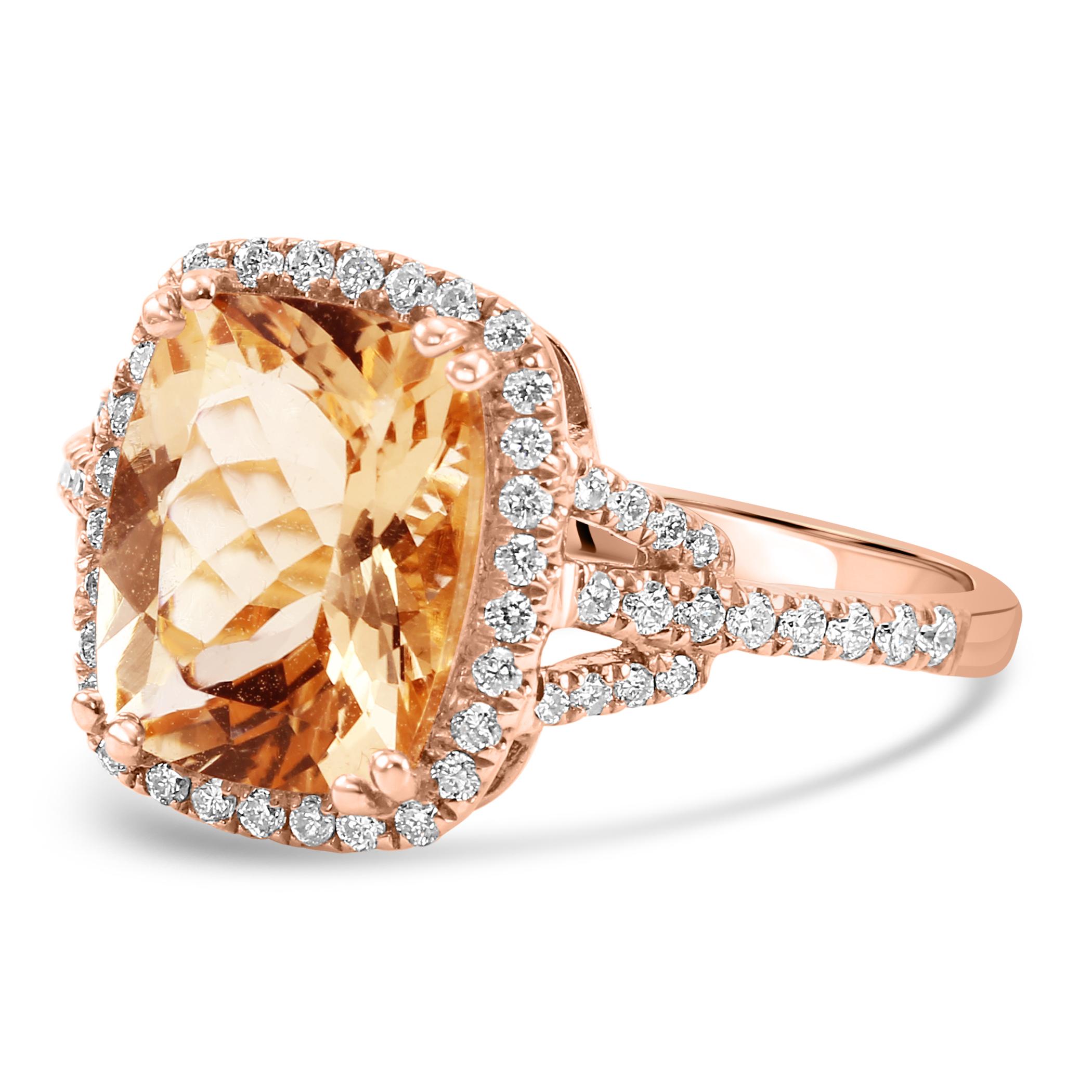 Modern 2.85 Carat Morganite White Diamond Round 14 Karat Rose Gold Engagement Ring For Sale