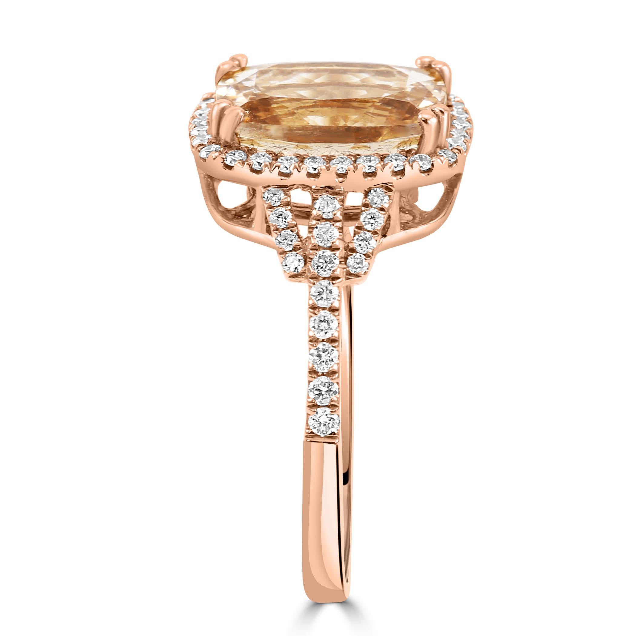 Cushion Cut 2.85 Carat Morganite White Diamond Round 14 Karat Rose Gold Engagement Ring For Sale