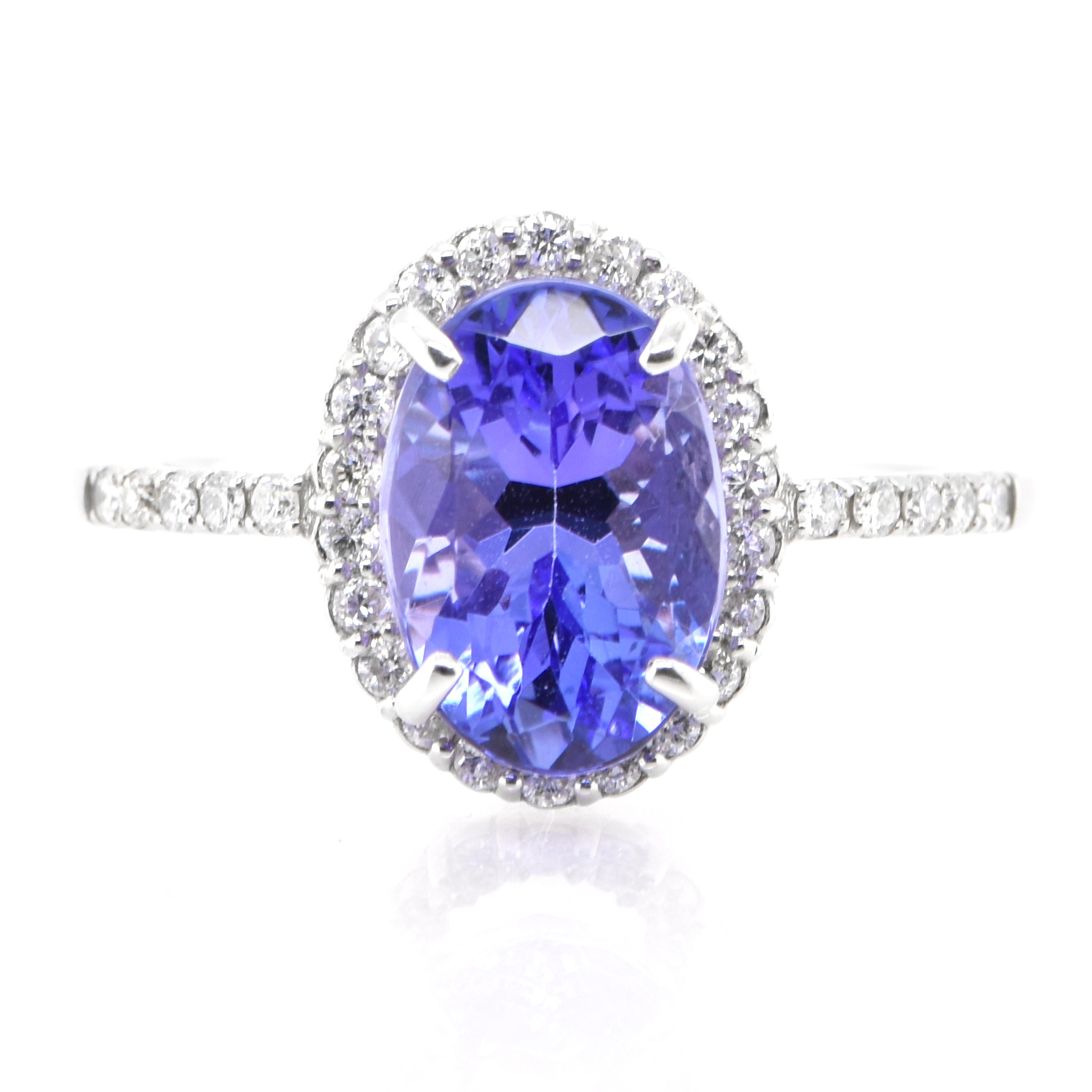 A beautiful ring featuring a 2.85 Carat Natural Tanzanite and 0.24 Carats Diamond Accents set in Platinum. Tanzanite's name was given by Tiffany and Co after its only known source: Tanzania. Tanzanite displays beautiful pleochroic colors meaning