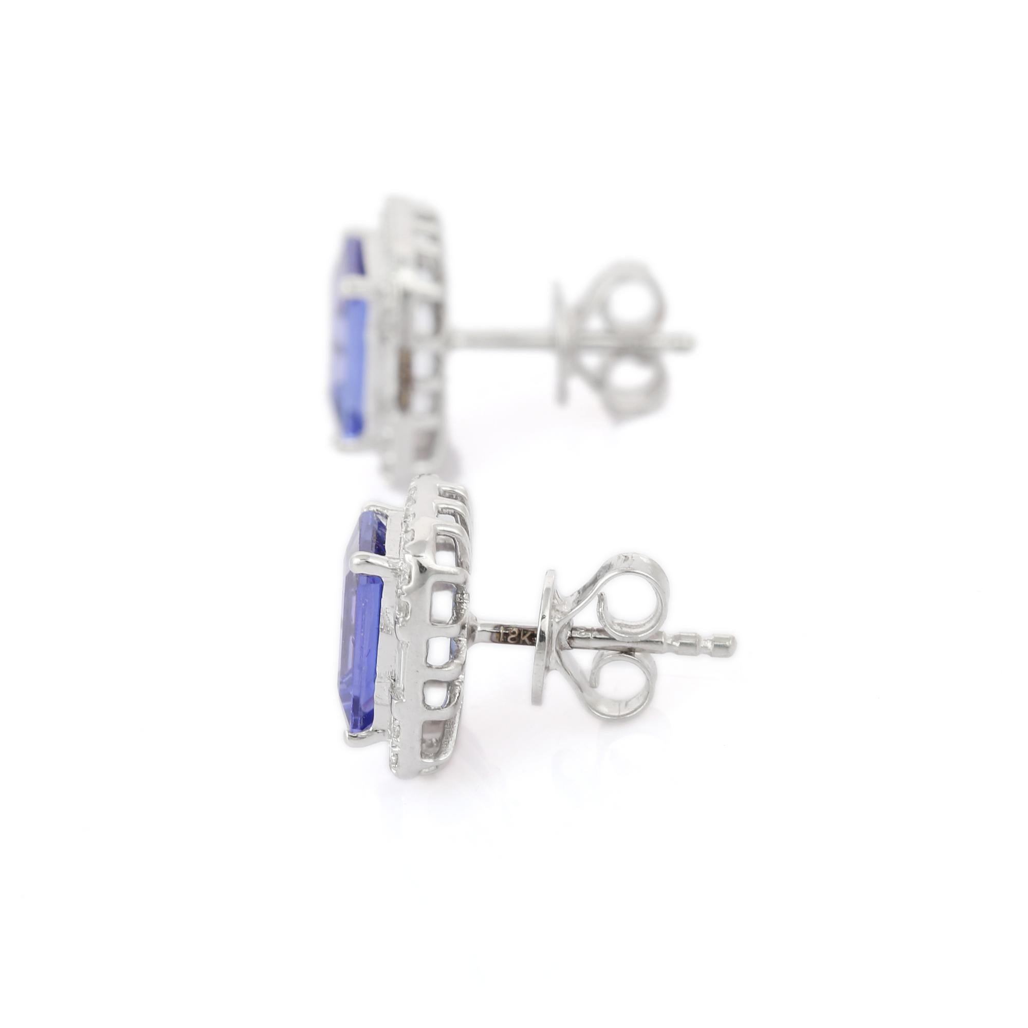 Octagon Cut 2.85 Carat Natural Tanzanite and Diamond Stud Earrings in 18K White Gold 