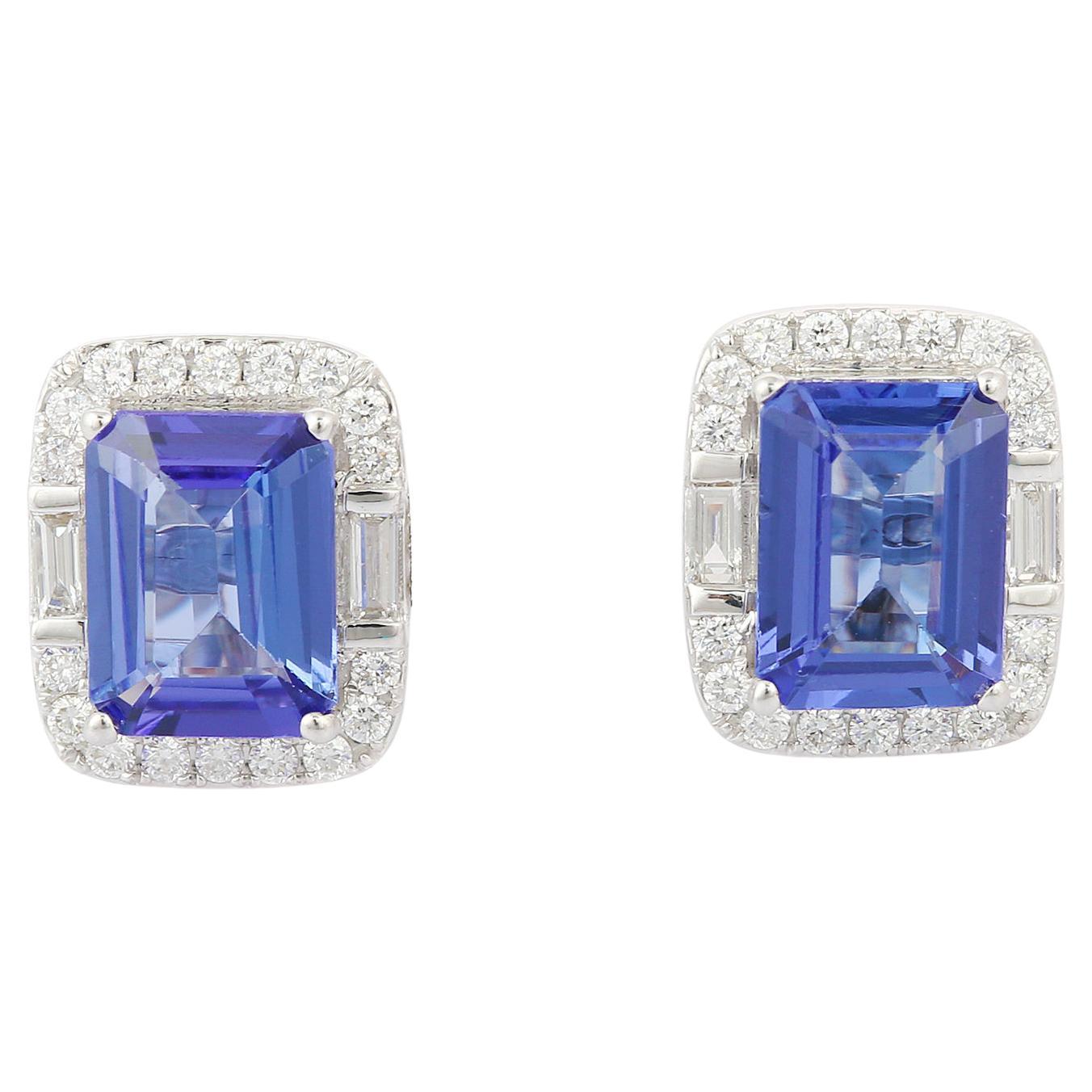 2.85 Carat Natural Tanzanite and Diamond Stud Earrings in 18K White Gold For Sale