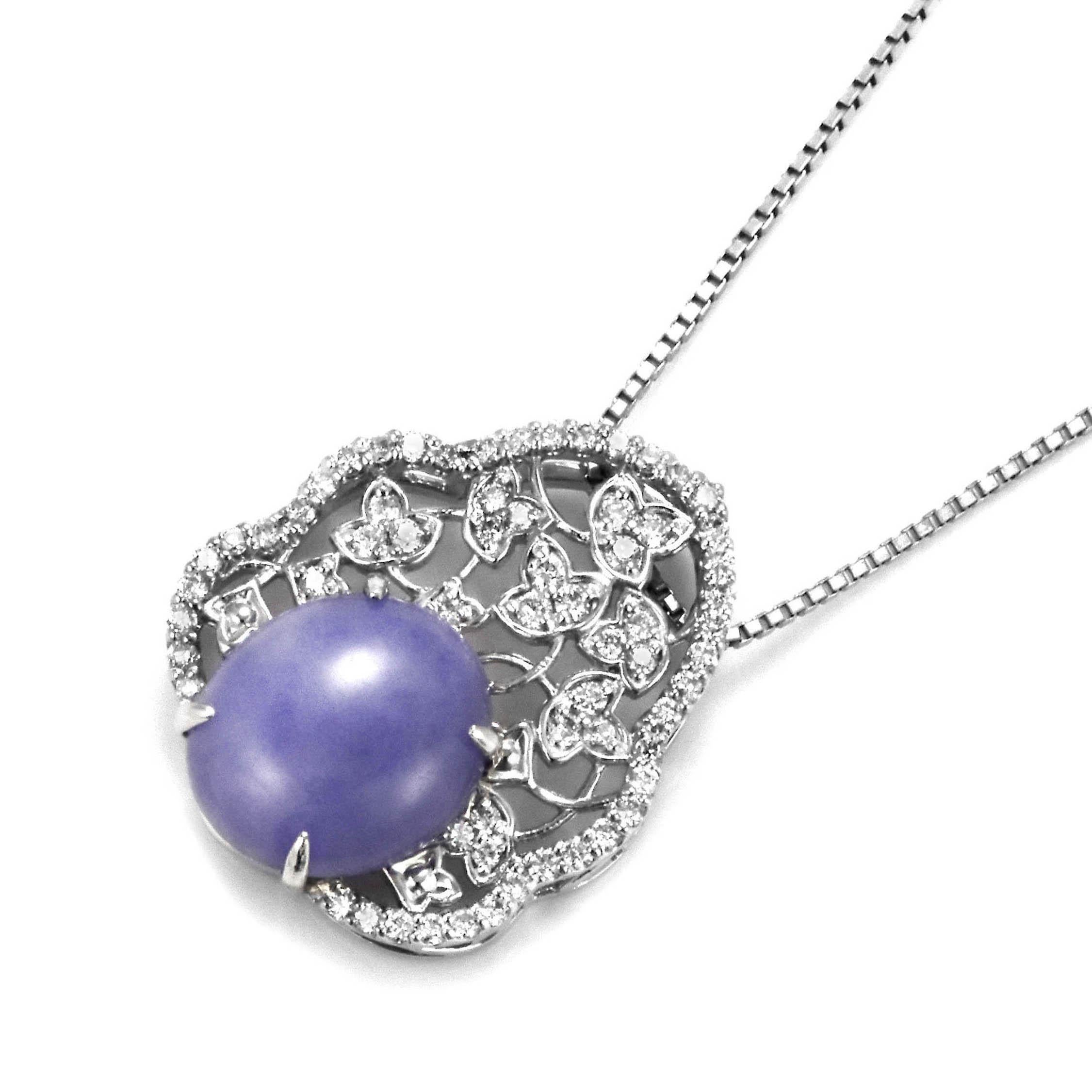 A beautiful pendant featuring a 2.85 Carat, Natural, Non-dyed Lavender Jadeite and 0.35 Carats of Diamond Accents set in Platinum. Jadeite has been cherished for millennia. Its nature is pure and enduring, yet sensuous and luxurious. Jadeite’s