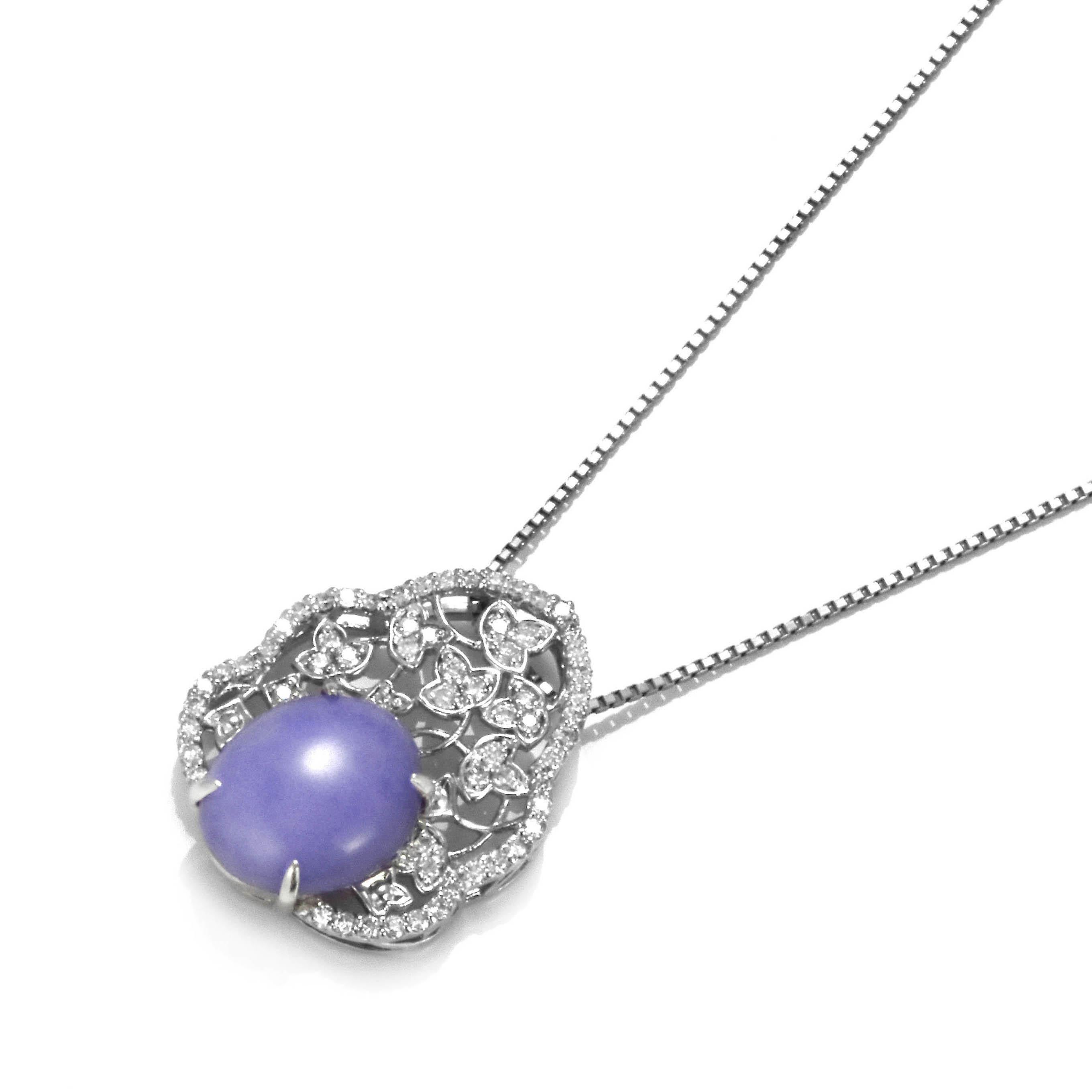Cabochon 2.85 Carat Natural Type A Lavender Jade and Diamond Pendant Made in Platinum For Sale