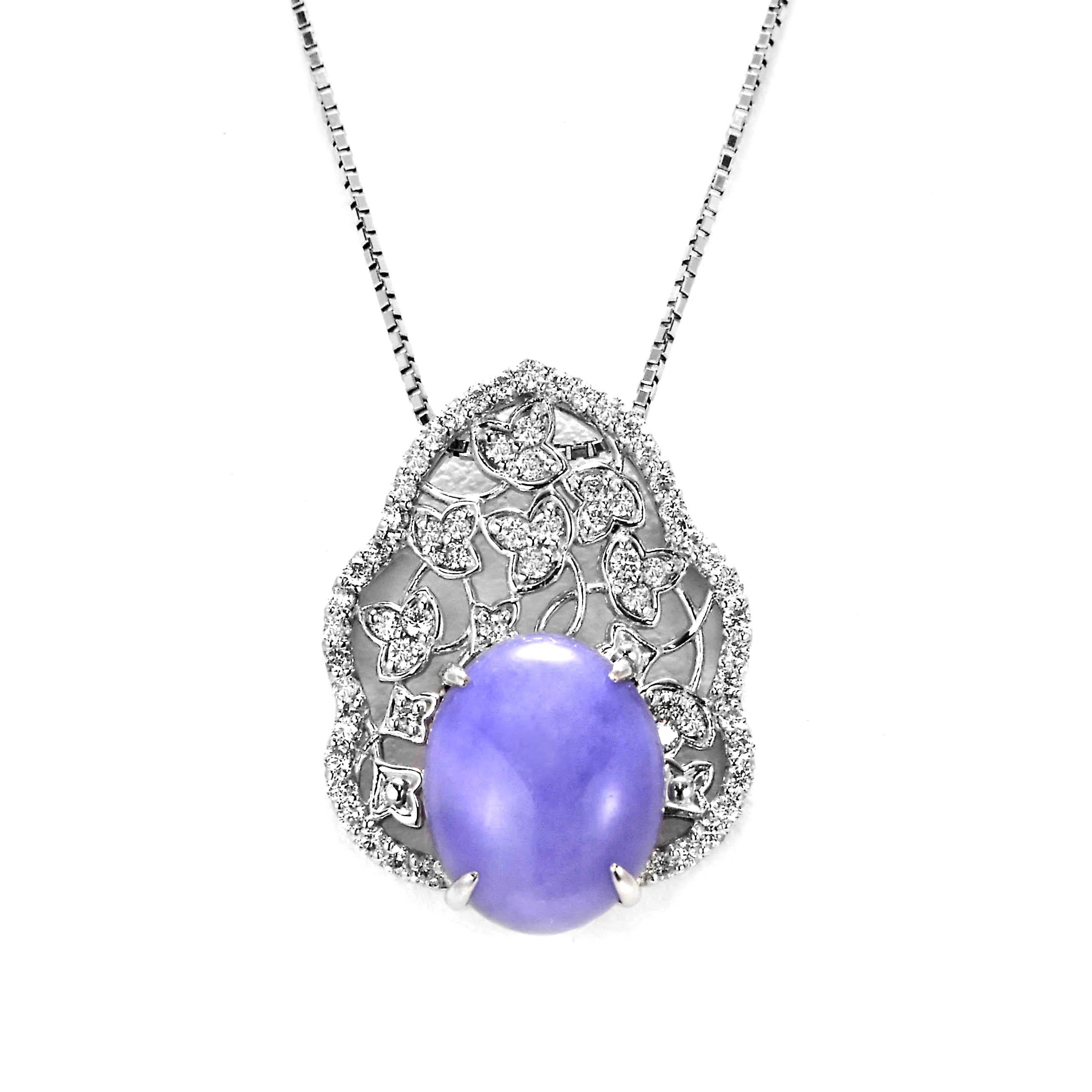 2.85 Carat Natural Type A Lavender Jade and Diamond Pendant Made in Platinum For Sale 3