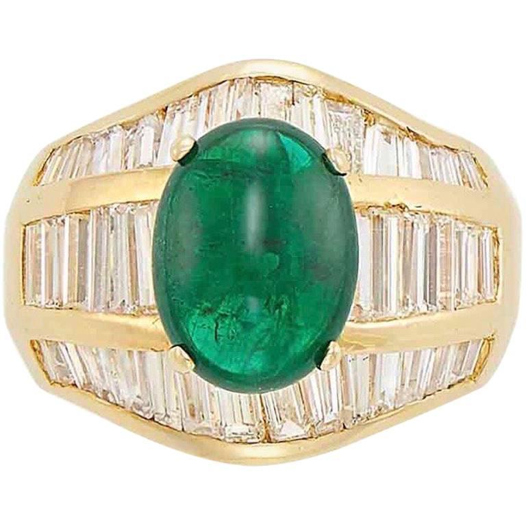 2.85 Carat Oval Cabochon Emerald and Diamond Ring