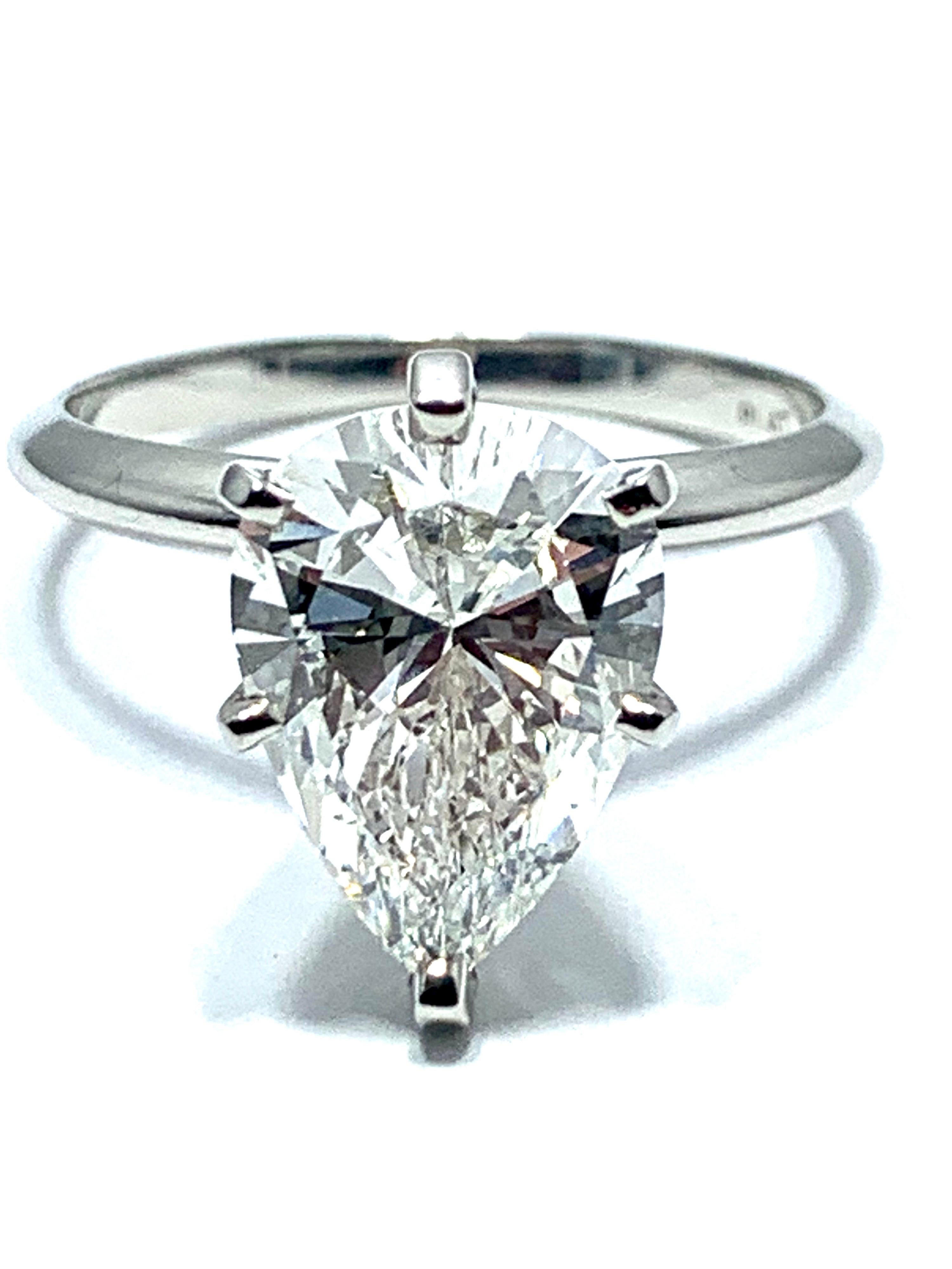 An absolutely stunning 2.85 carat pear shape Diamond and platinum ring. The pear shape is set in a six prong head with a 2.5mm shank.  The Diamond is graded by GIA as H color, VS2 clarity, and it is gorgeous!  The GIA report number is 1206439363. 