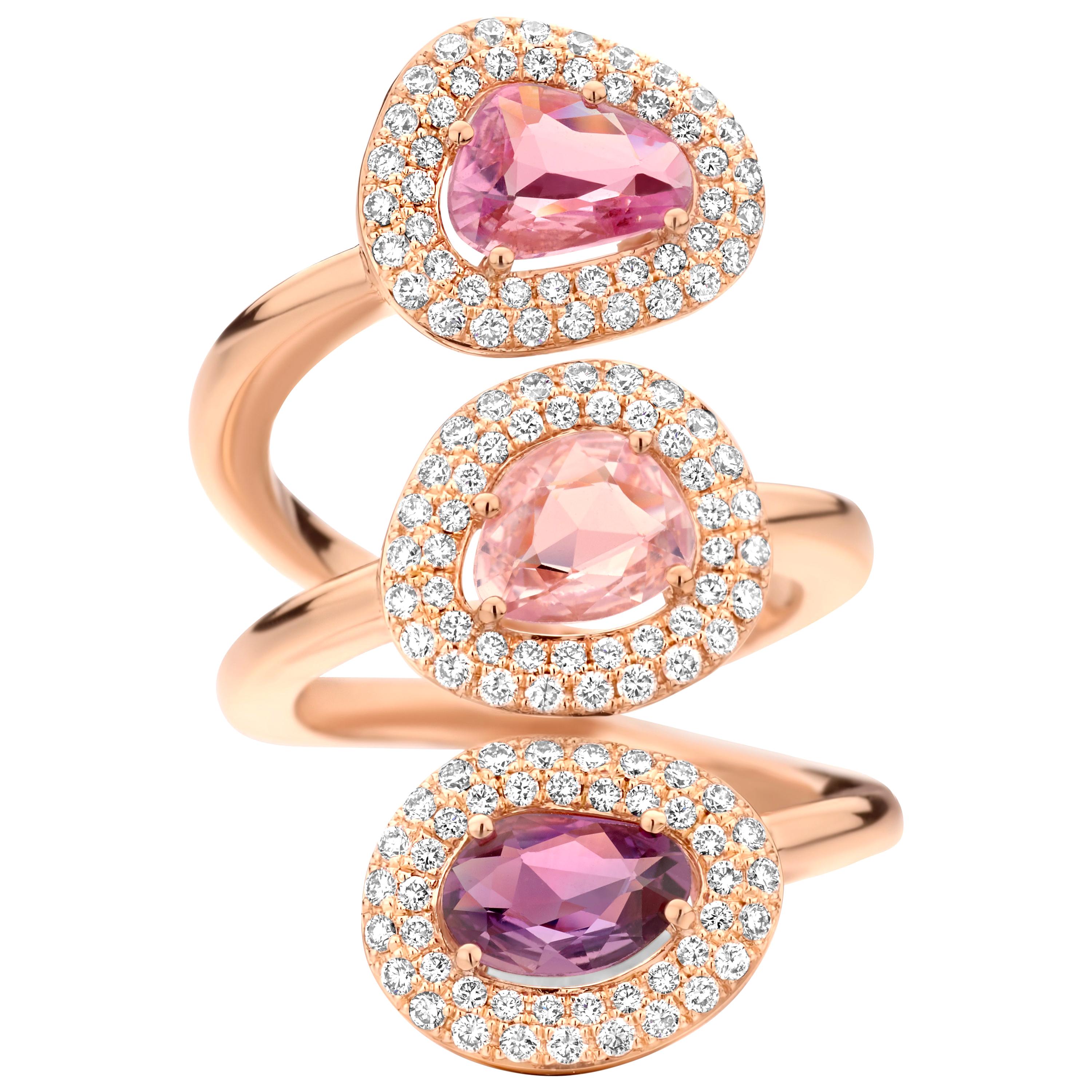 Pink, Purple Sapphire 18 Karat Rose Gold Three-Stone Diamond Cocktail Ring For Sale
