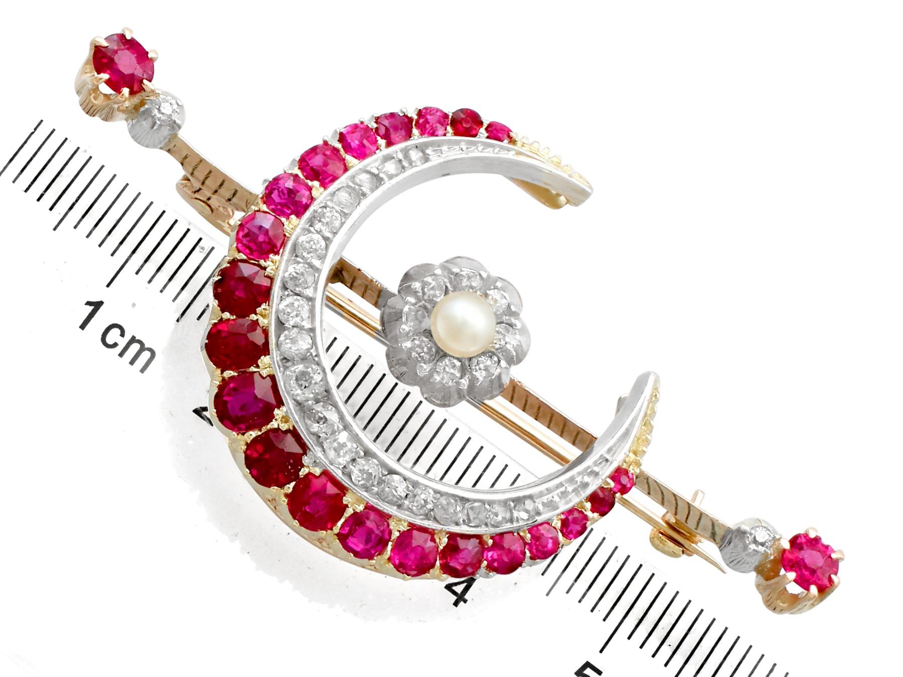 2.85 Carat Ruby Diamond Pearl Gold Crescent Brooch For Sale 2