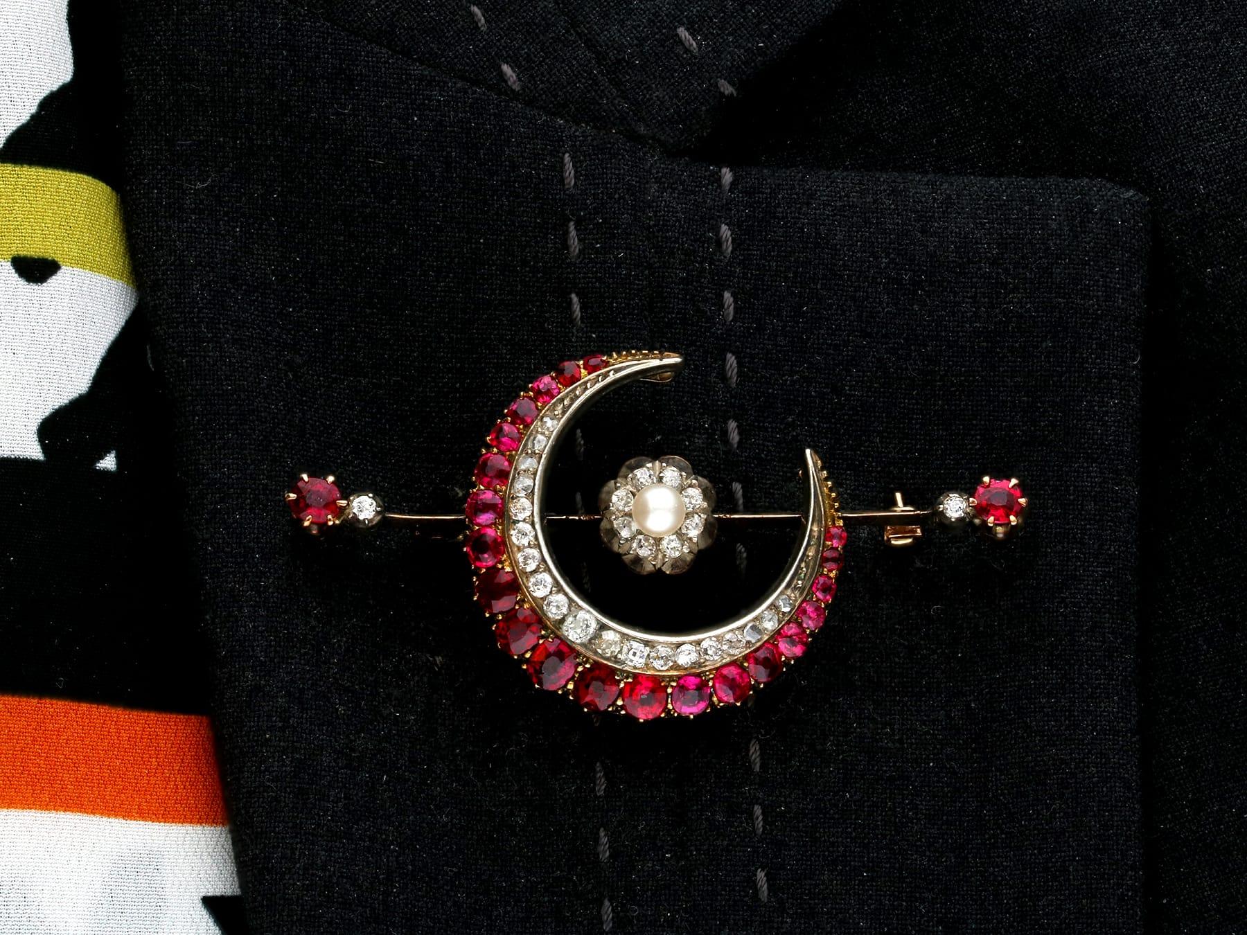2.85 Carat Ruby Diamond Pearl Gold Crescent Brooch For Sale 3