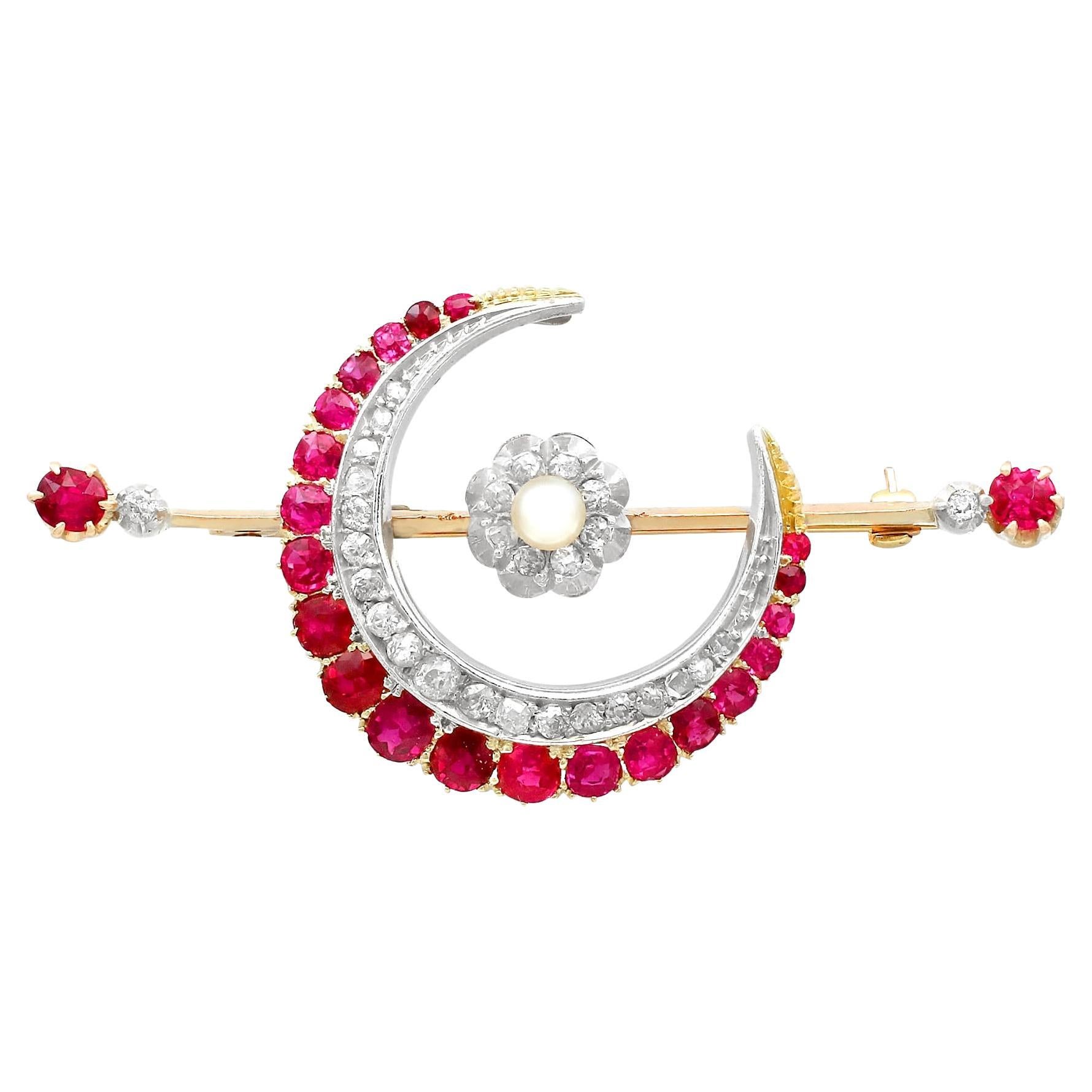 2.85 Carat Ruby Diamond Pearl Gold Crescent Brooch For Sale