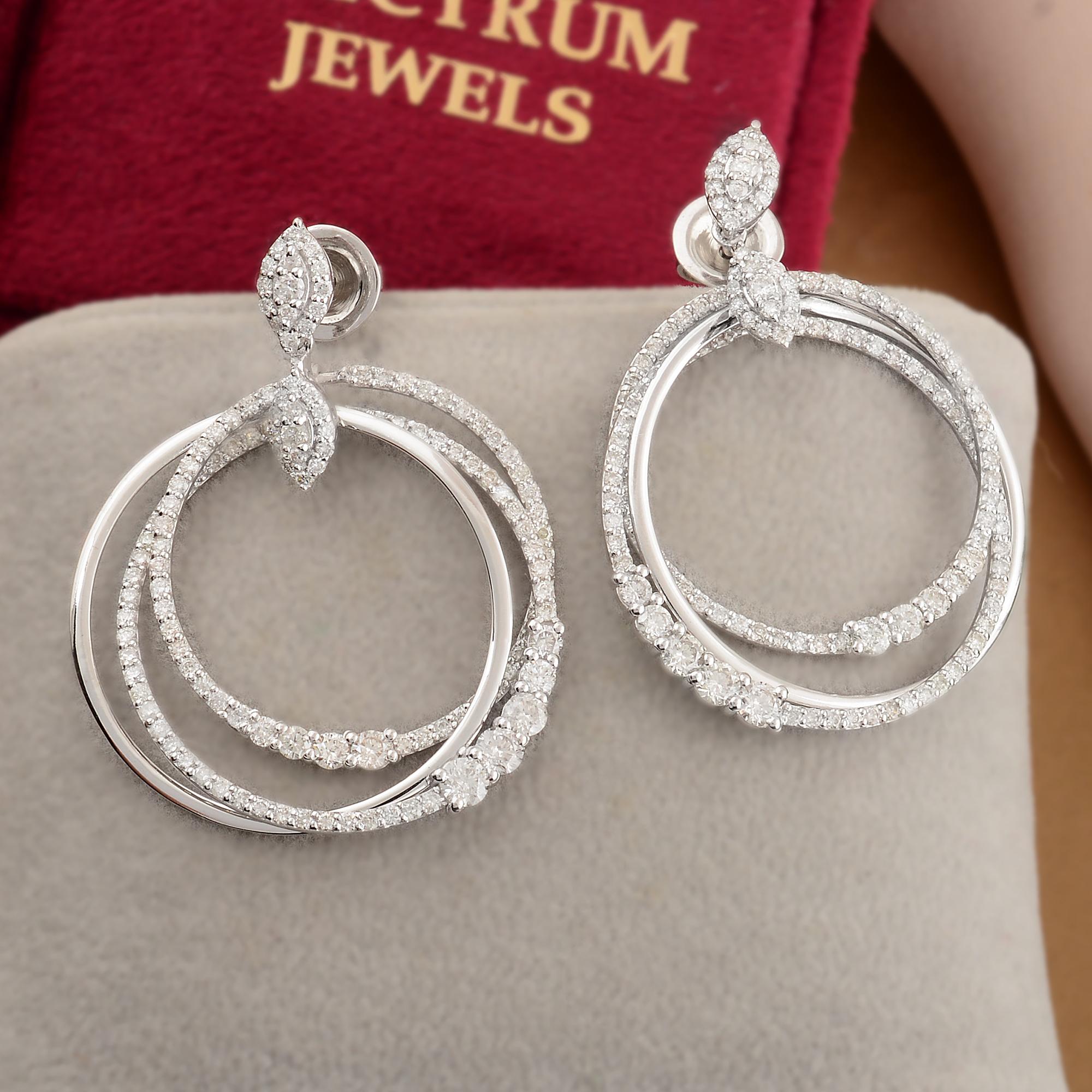 Moderne 2.85 Carat SI Clarity HI Color Diamond Triple Circle Dangle Earrings 14k Gold en vente