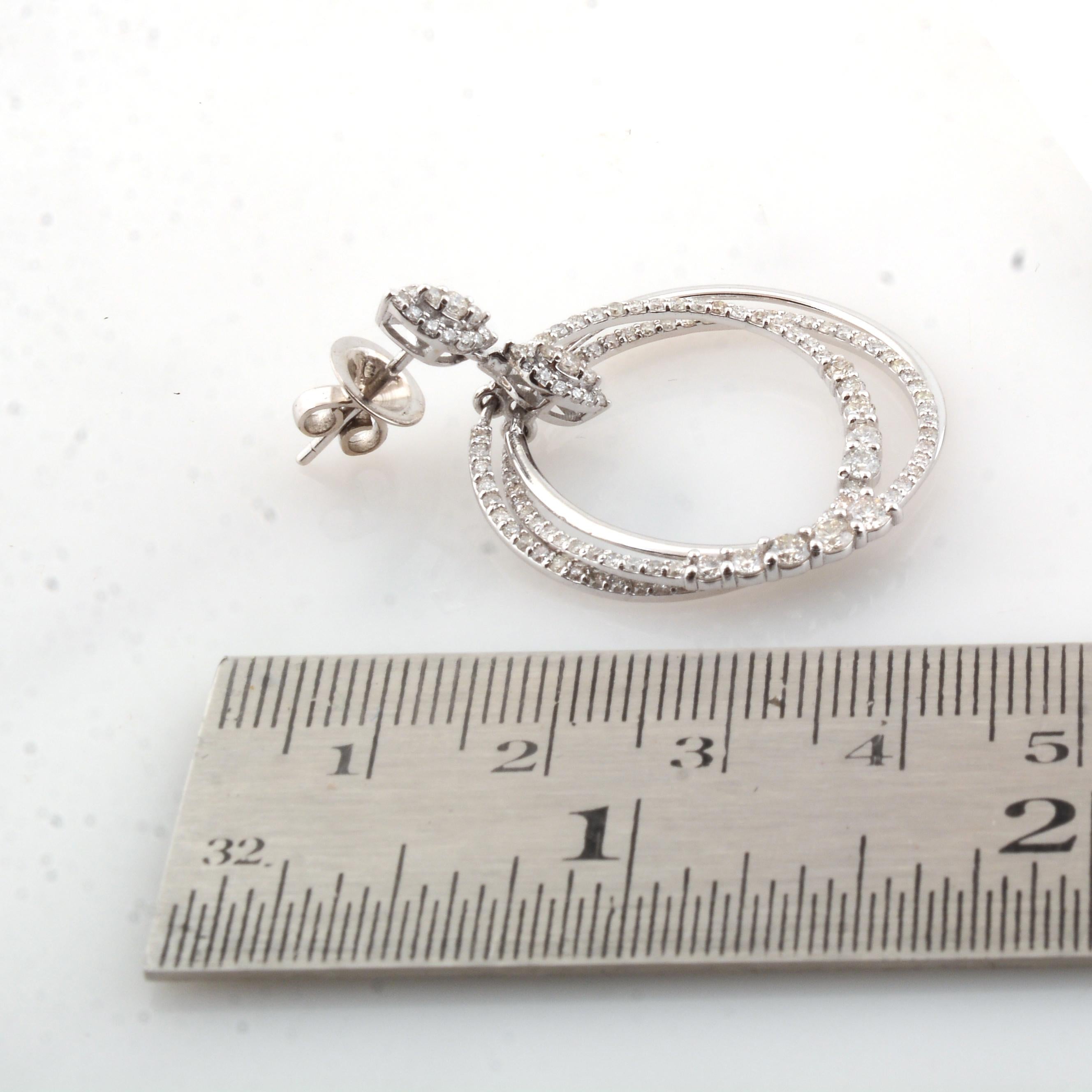 Round Cut 2.85 Carat SI Clarity HI Color Diamond Triple Circle Dangle Earrings 14k Gold For Sale