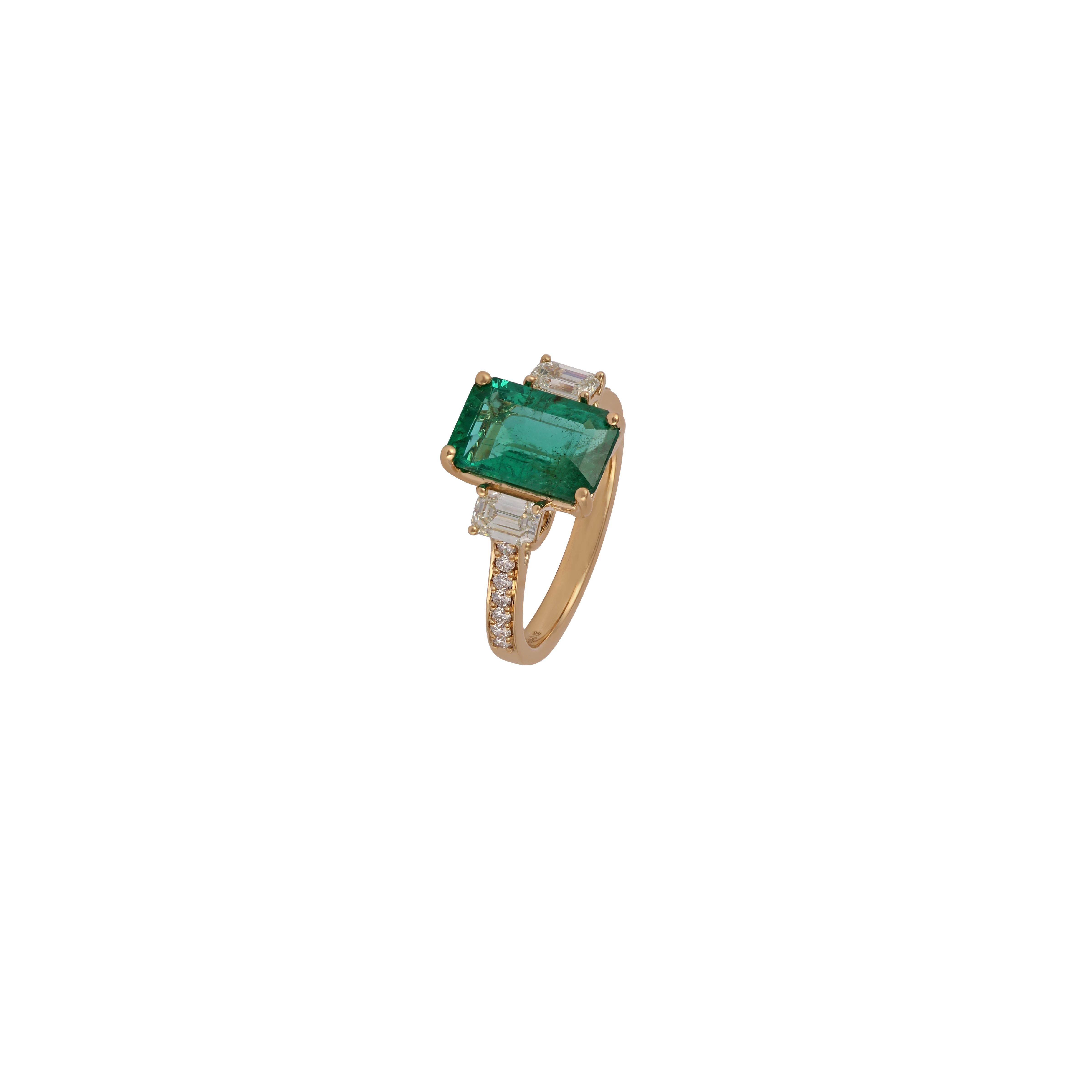 Octagon Cut 2.85 Carat Zambian Emerald & Diamond Ring Studded in 18k Yellow Gold For Sale