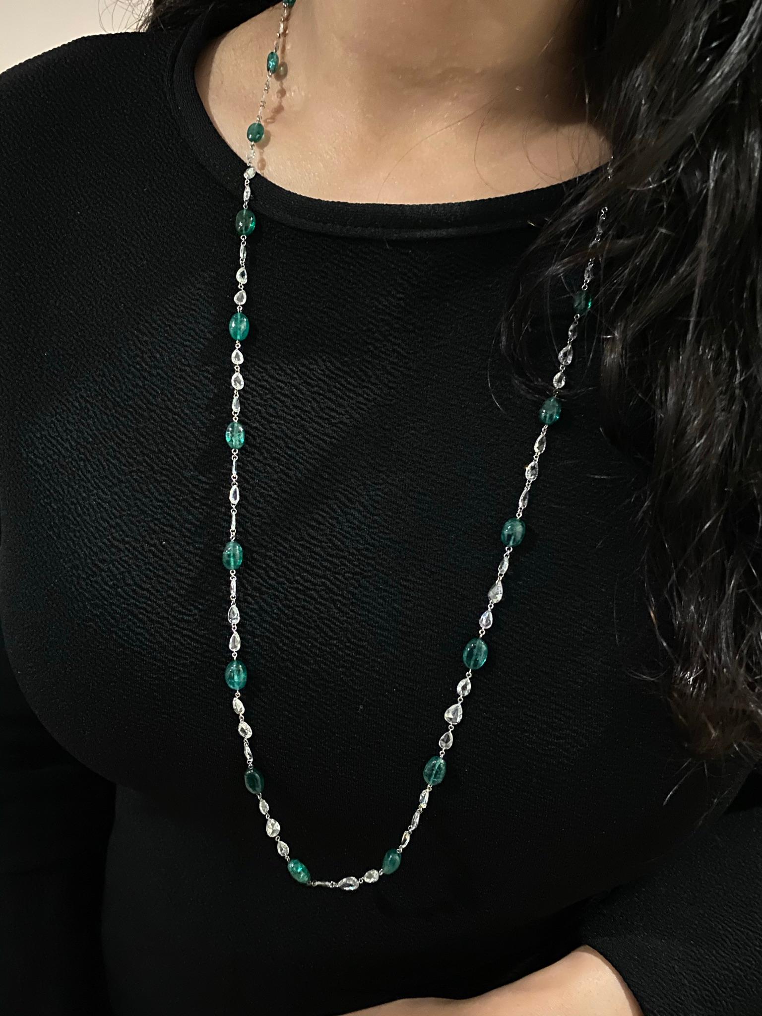 The 30-inch Diamond long chain features 12.50 carats of rose cut diamonds and 28 carats of natural emeralds with each emerald separated by 1.5 inches of diamonds. 

Natural Zambian Emerald 
 Shape	Cabochons
Color	Deep