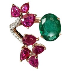 2.85 carats natural Zambian Emerald, Mozambique Rubies & Diamonds Cocktail Ring