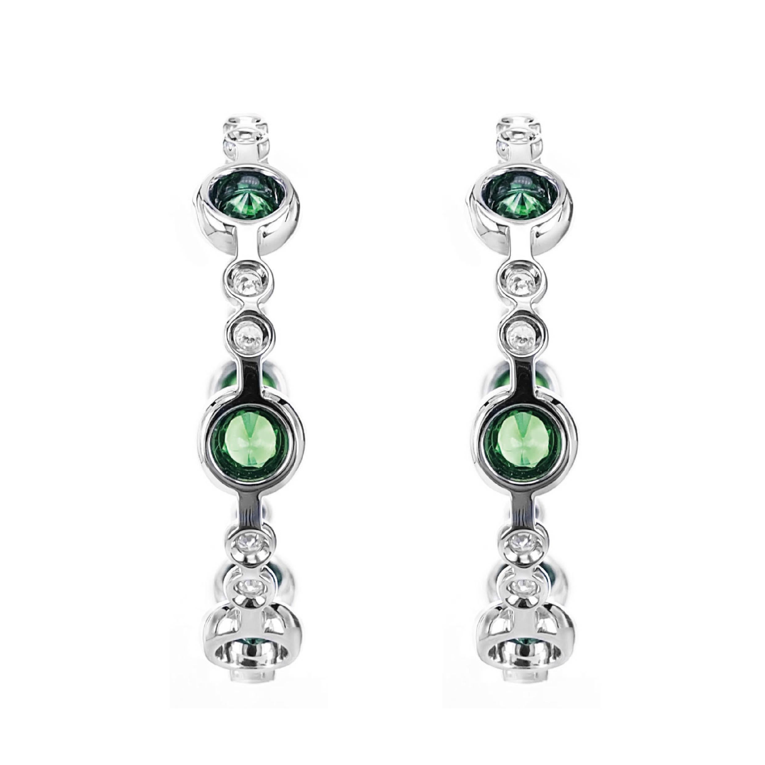 Round Cut 2.85 Carat Tsavorite and 0.79 Carat White Diamond Hoop Cocktail Earring For Sale