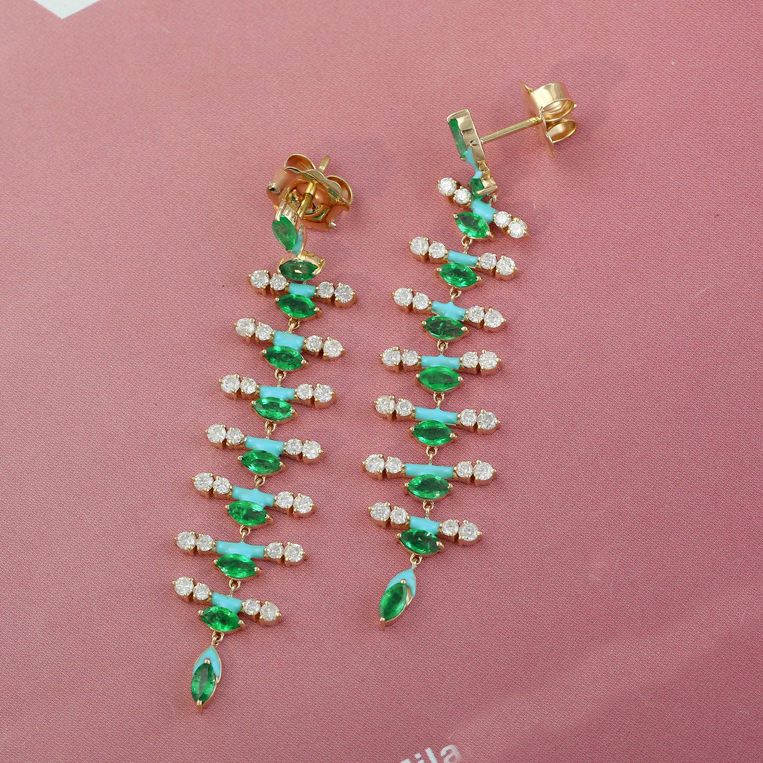 Modern 2.85 Carats Zambian Emerald Diamond 14 Karat Gold Linear Earrings For Sale