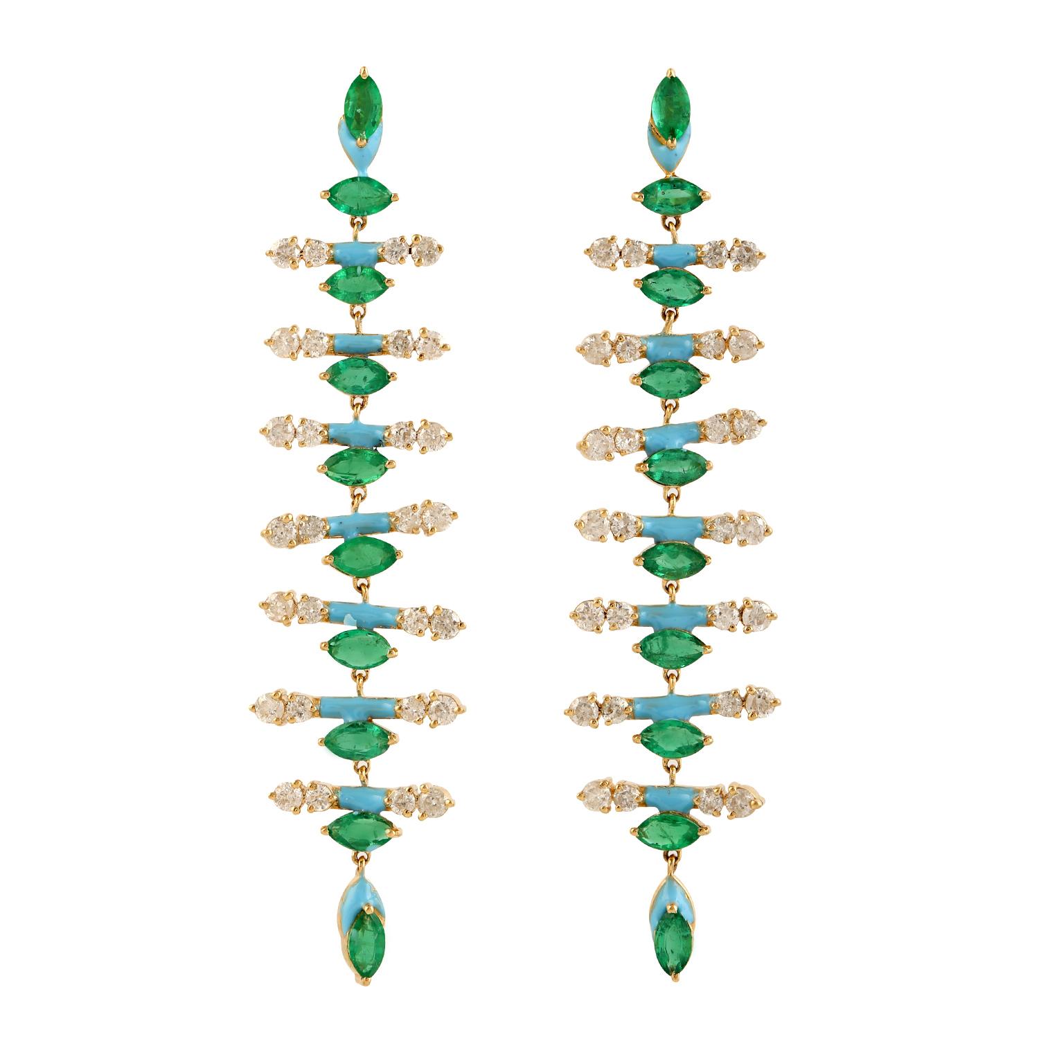 Emerald Cut 2.85 Carats Zambian Emerald Diamond 14 Karat Gold Linear Earrings For Sale