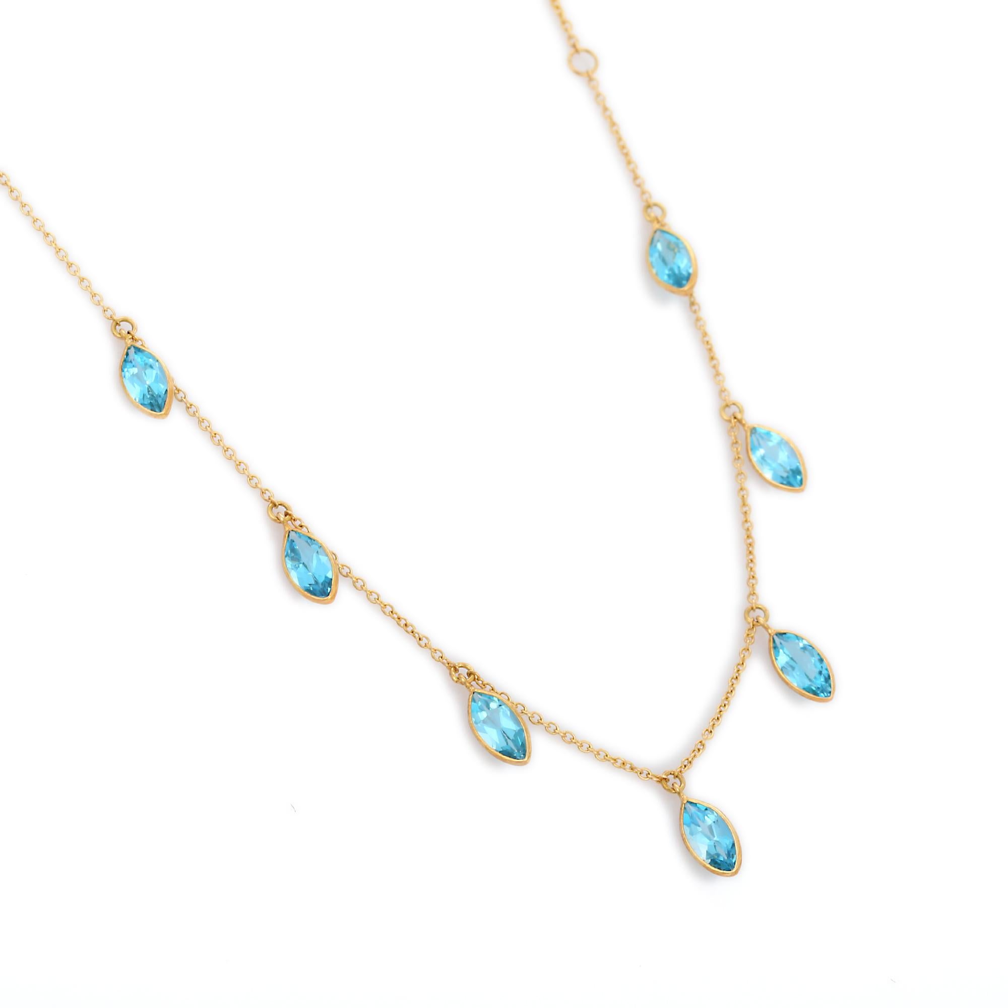 Blue Topaz Necklace in 18K Gold studded with marquise cut topaz gemstone.
Accessorize your look with this elegant blue topaz chain necklace ennhancer. This stunning piece of jewelry instantly elevates a casual look or dressy outfit. Comfortable and
