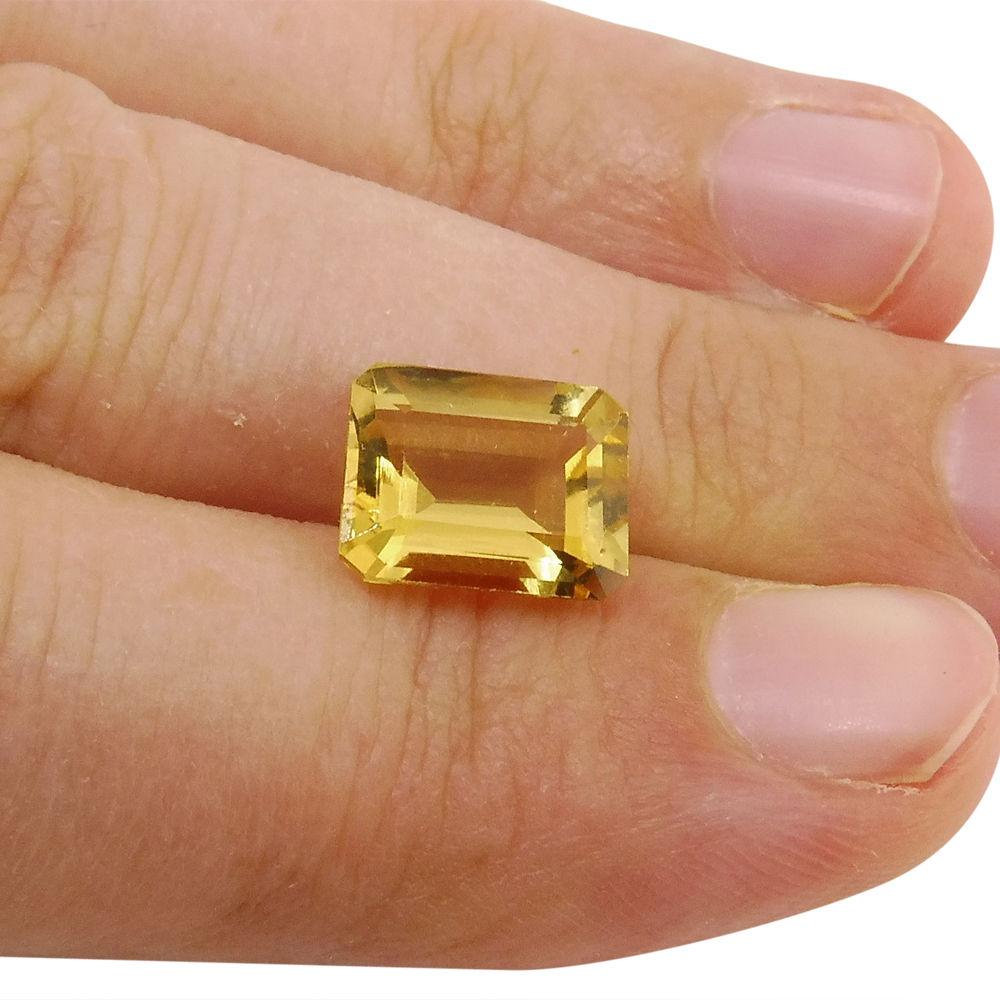 Description:

Number of Stones: 1
Weight: 2.85 cts
Clarity: Transparent
Colour: Orangy Yellow
Measurements: 10.01x7.93x4.97mm
Shape: Octagon
Treatment: Unknown (Heliodor is often treated to enhance it's colour, this treatment is undetectable at the