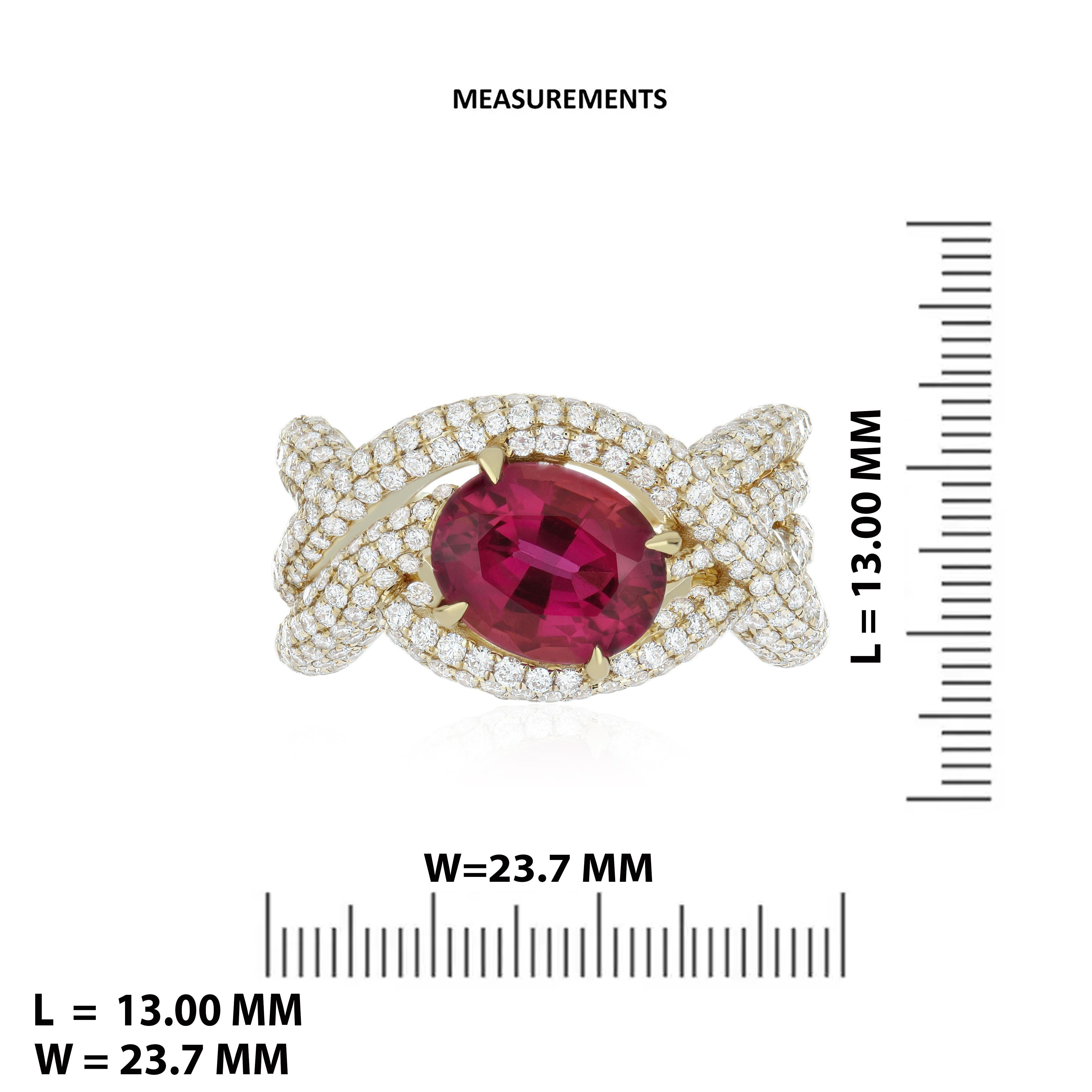 Women's 2.85 CT's Rubellite & Diamond Ring in 18 karat Yellow Gold Hand-crafted Ring For Sale