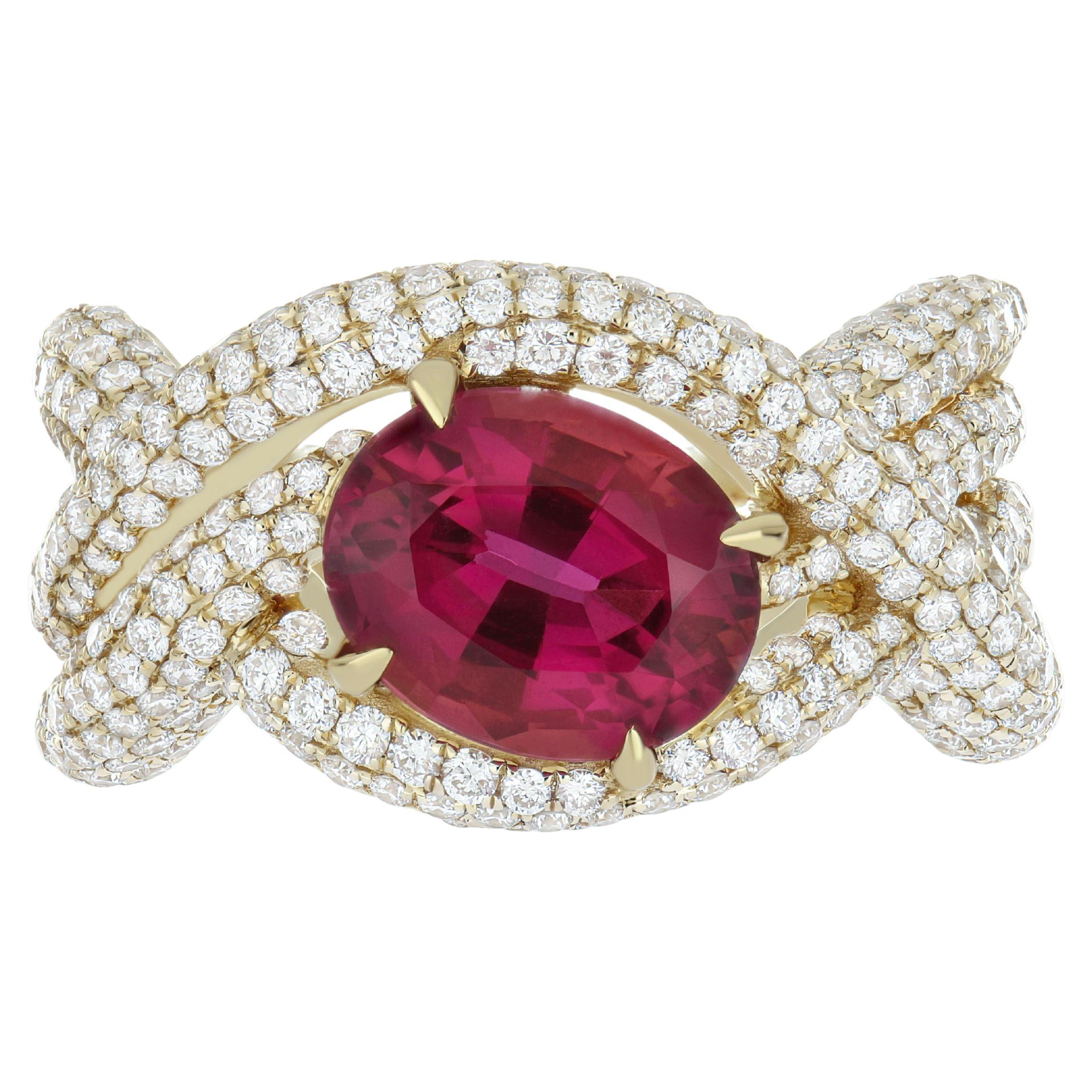 2.85 CT's Rubellite & Diamond Ring in 18 karat Yellow Gold Hand-crafted Ring For Sale