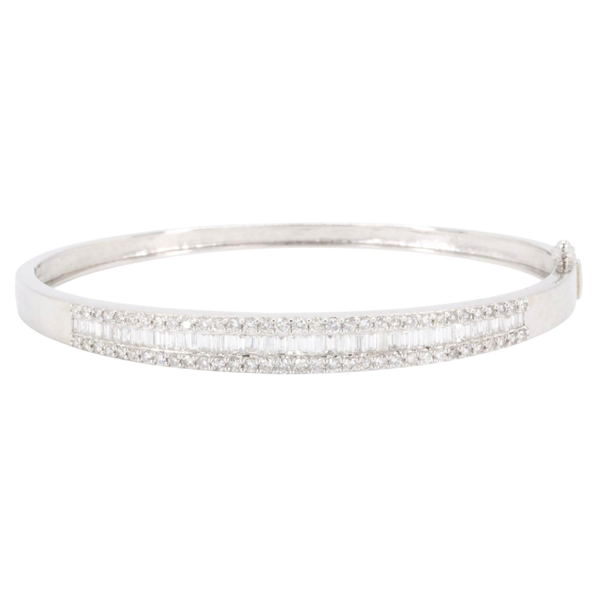 2.85 CTW Baguette & Round Diamond Hinged Bangle Bracelet in 14K White Gold