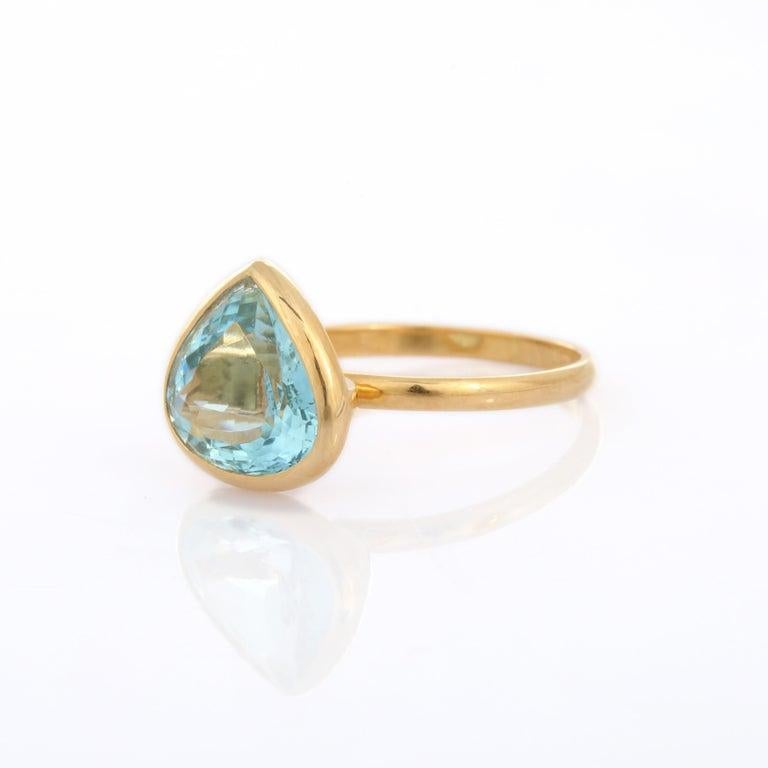For Sale:  2.85 CTW Pear Cut Aquamarine Solitaire Ring Made in 18k Solid Yellow Gold 10