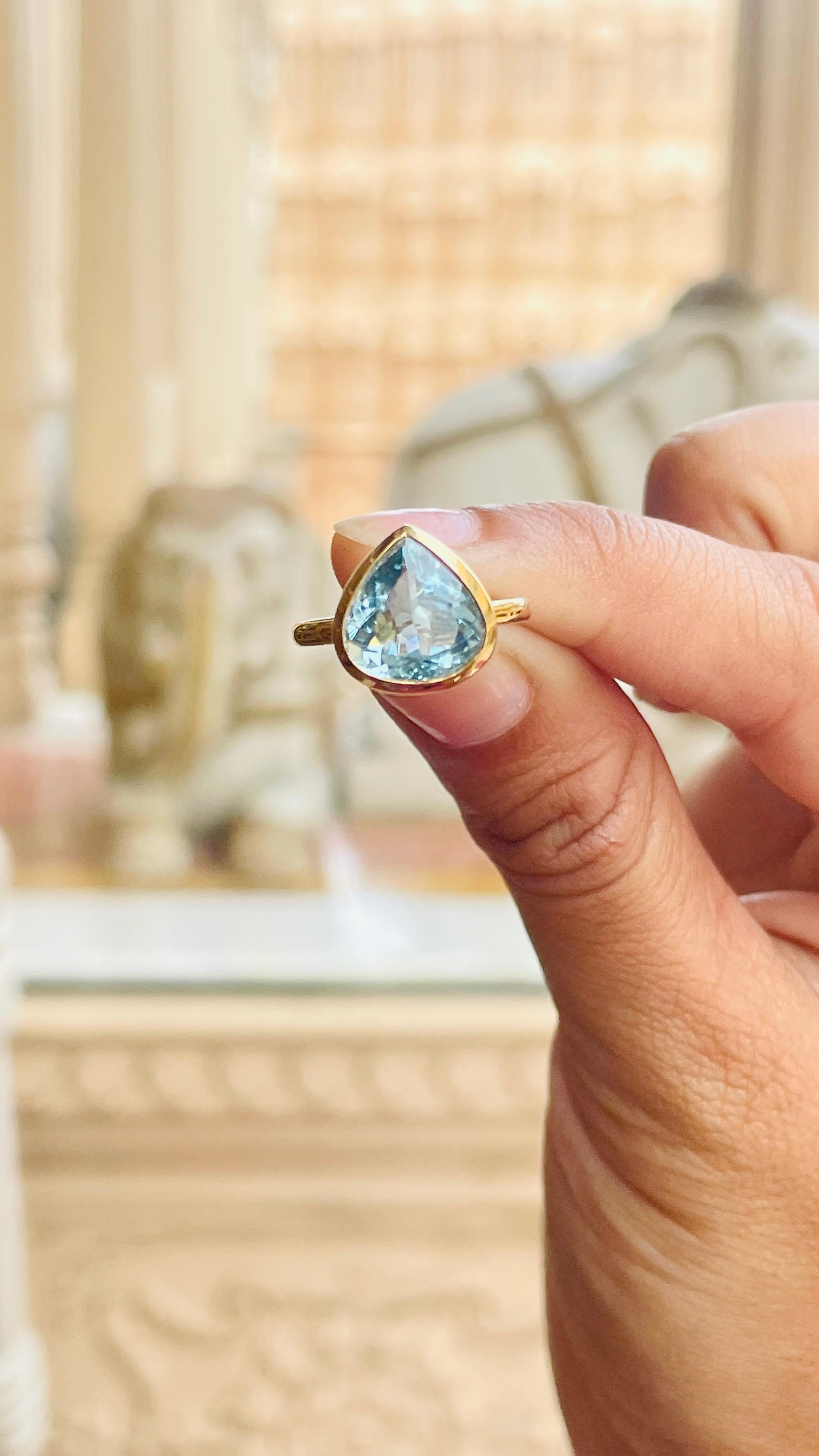 For Sale:  2.85 CTW Pear Cut Aquamarine Solitaire Ring Made in 18k Solid Yellow Gold 12