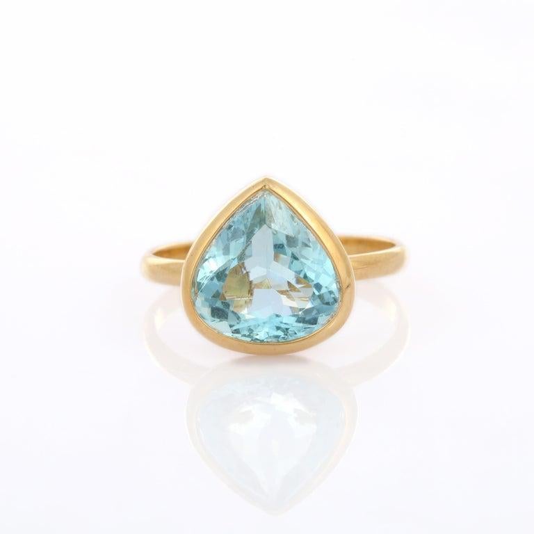 For Sale:  2.85 CTW Pear Cut Aquamarine Solitaire Ring Made in 18k Solid Yellow Gold 14
