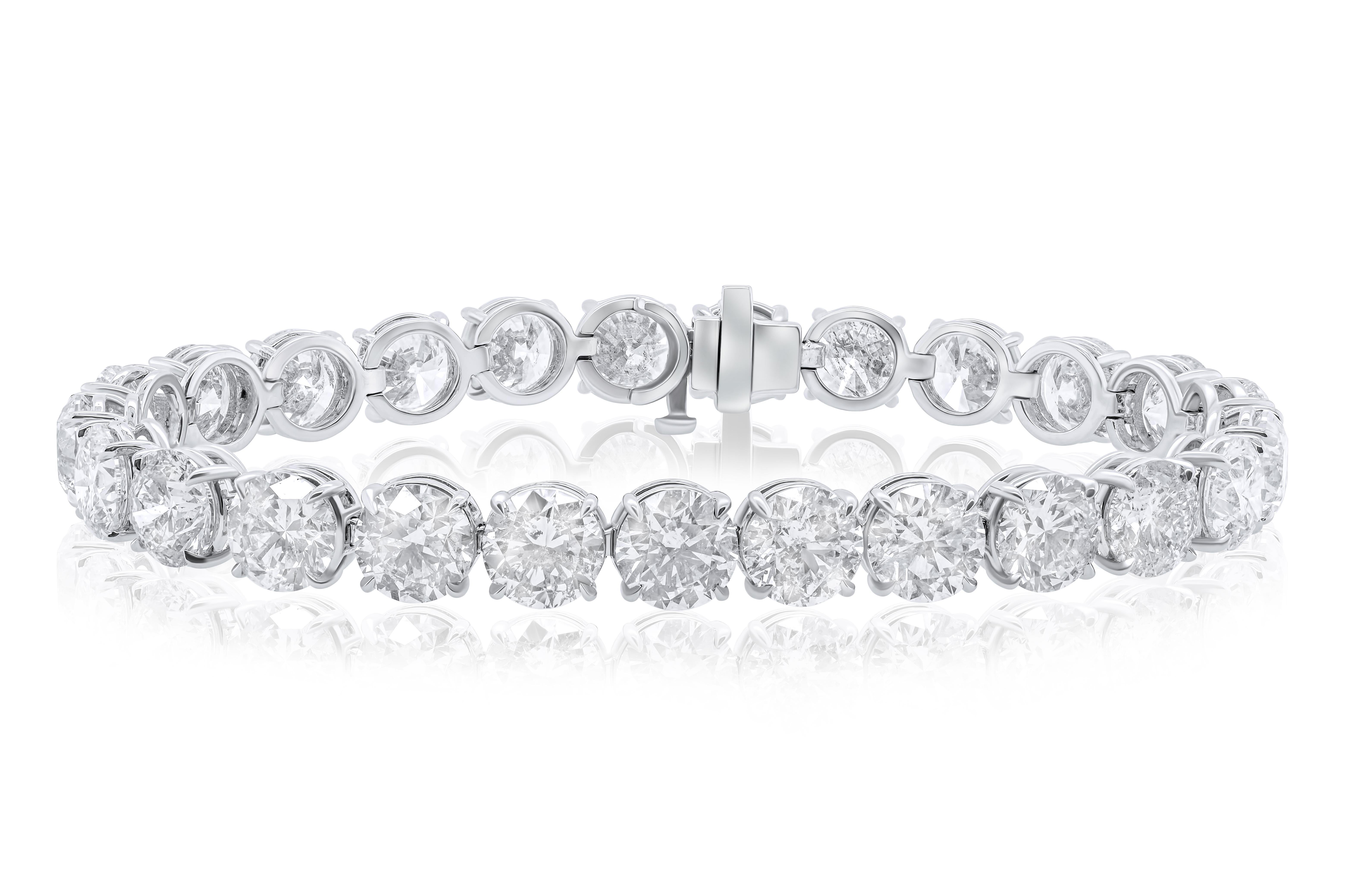 An exceptional quality Rare, One-of-a-kind diamond tennis bracelet with Collection Goods. 
The total diamond weight is 28.50 Carats of Round Ideal Cut GIA Certified Diamonds, 28 GIA Stones in Total, each stone is D-E color IF-VVS2 in clarity
