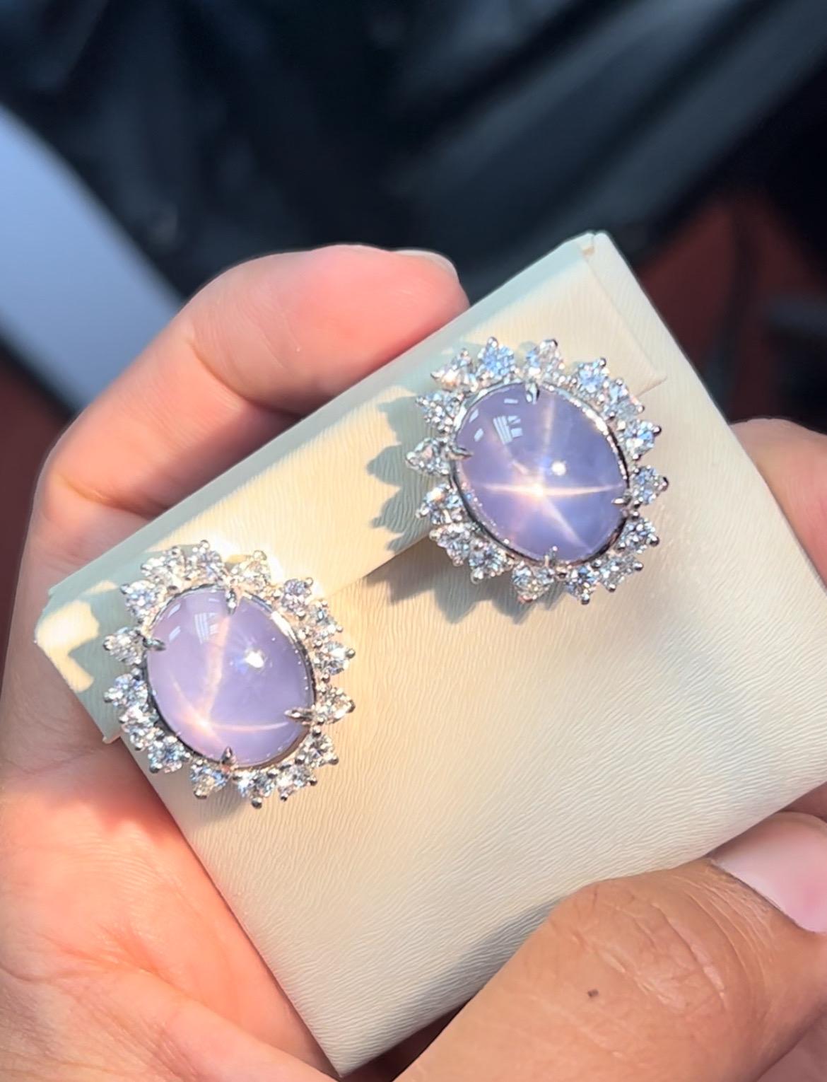 Cabochon 28.50ct Star Sapphire earrings in platinum. GIA certified. For Sale
