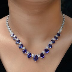 28.52TCW Tanzanite Gemstone Diamond Bridal Necklace 14k White Gold Fine Jewelry
