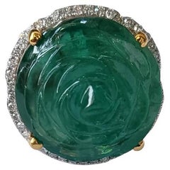 28.53 Carats, Natural "Rose" Carved Zambian Emerald & Diamonds Cocktail Ring
