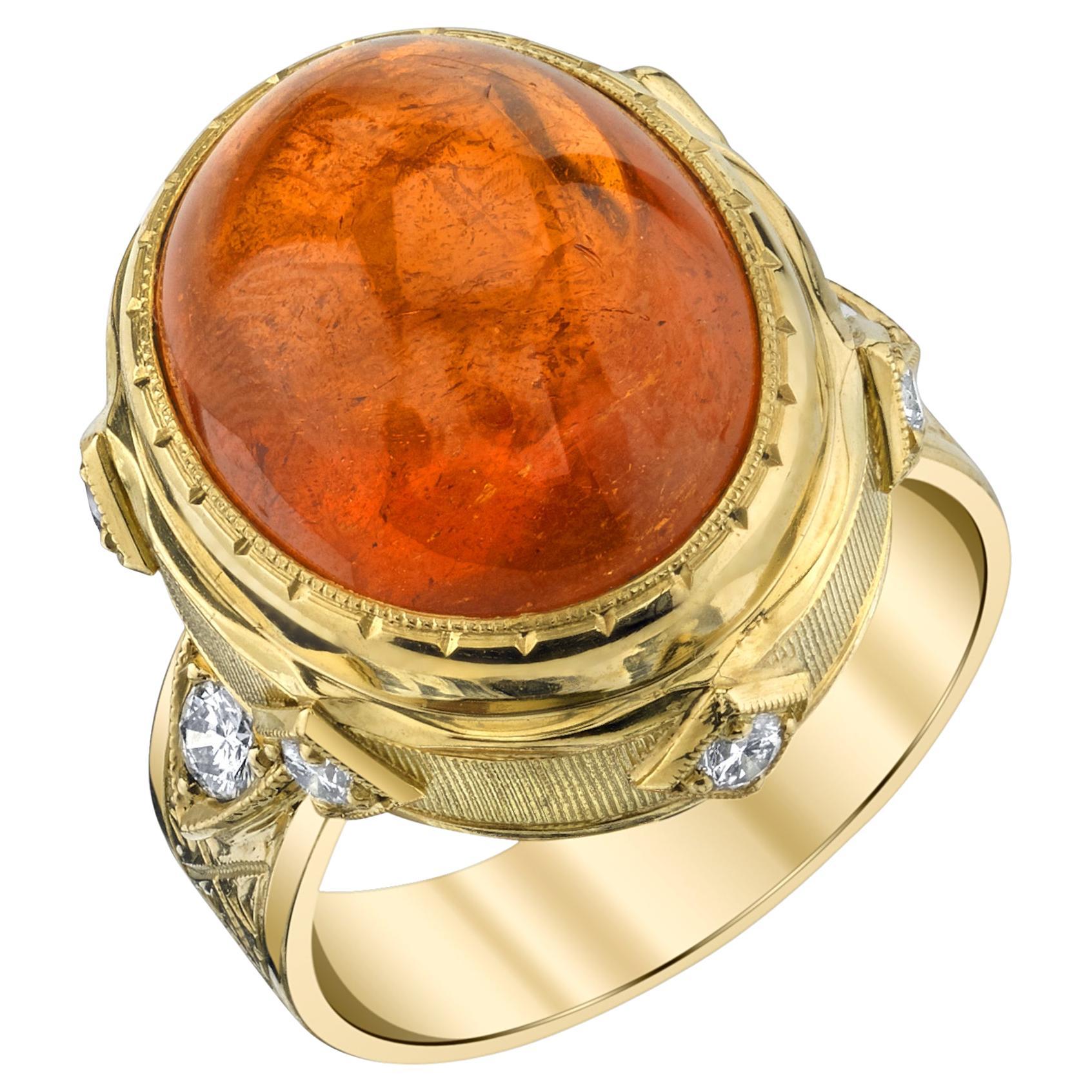 28.55 Carat Spessartite Garnet Cabochon and Diamond Ring in 18k Yellow Gold For Sale
