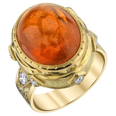 28.55 Carat Spessartite Garnet Cabochon and Diamond Ring in 18k Yellow Gold