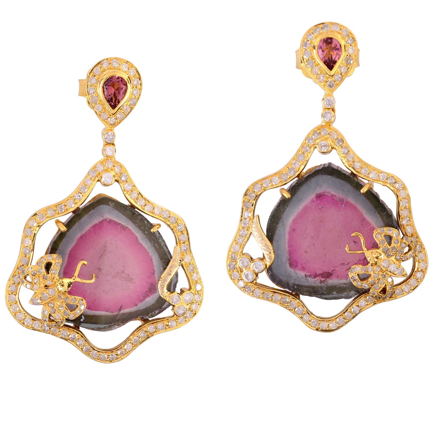 Boucles d'oreilles en or 18 carats avec tourmaline de 28,55 carats et diamants