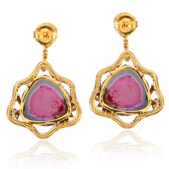 28.55 ct Watermelon Tourmaline Dangle Earrings With Diamonds in 18k yellow Gold