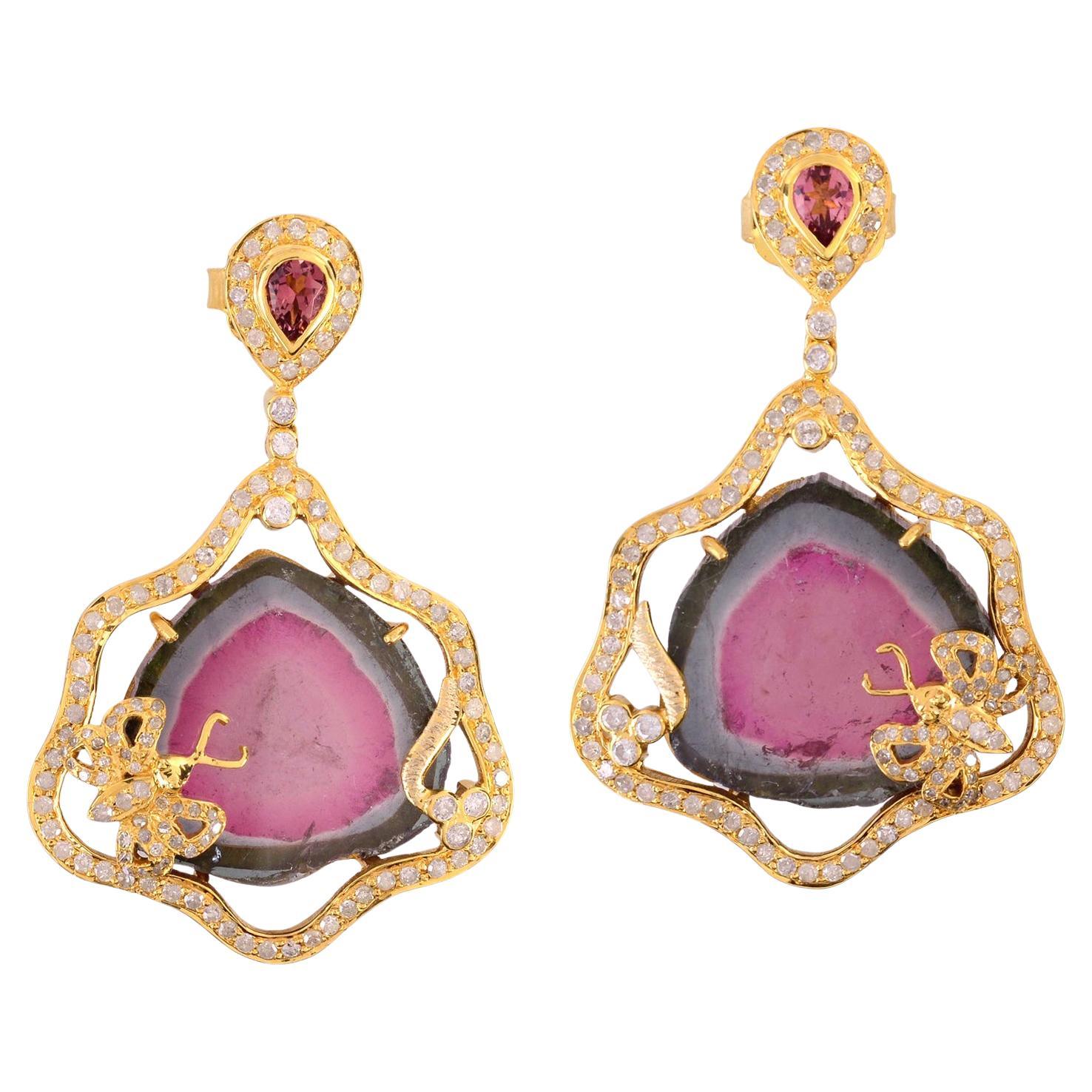 28.55 ct Watermelon Tourmaline Dangle Earrings With Diamonds in 18k yellow Gold